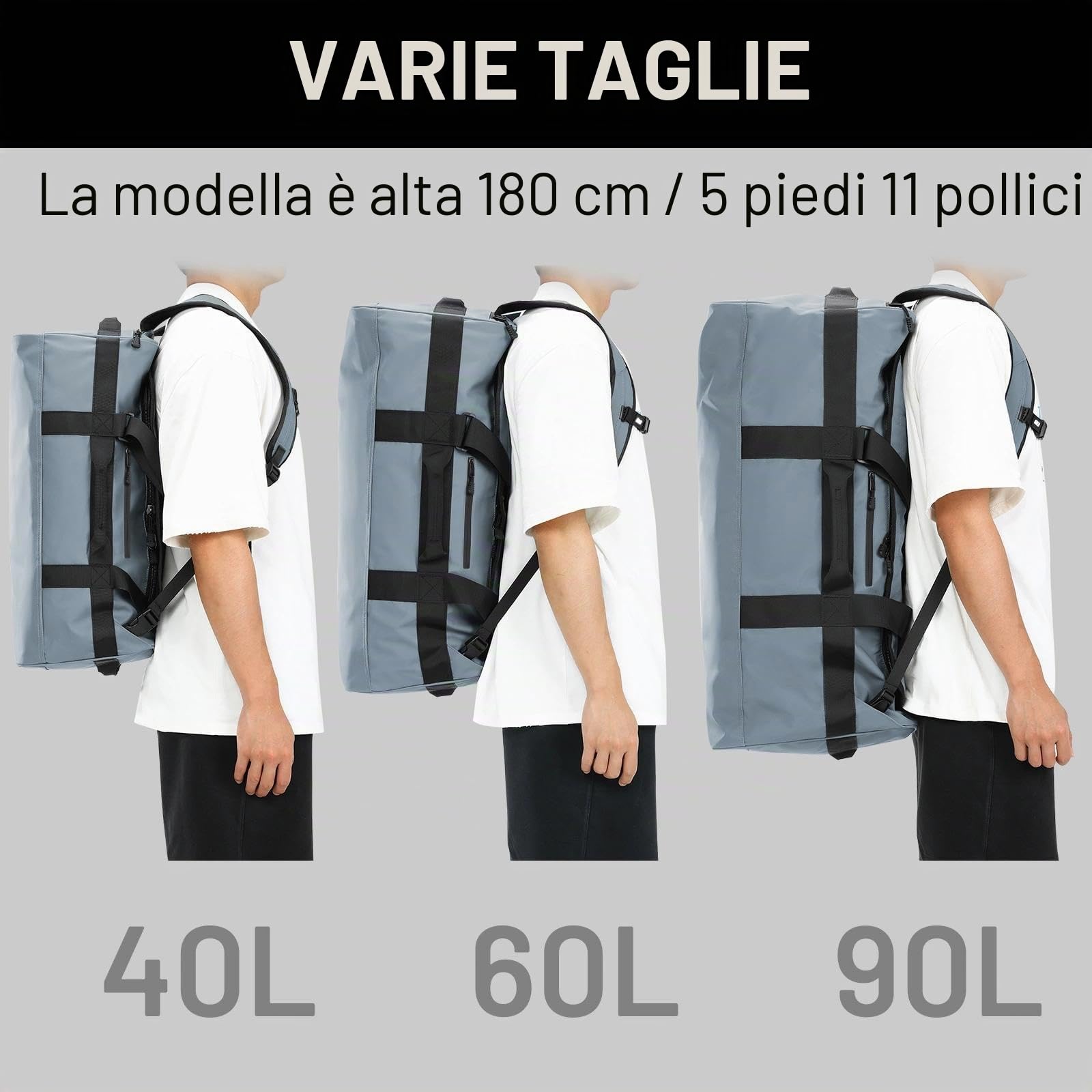 MIER Borsa sportiva impermeabile, resistente e convertibile, con cinghie e scomparto per scarpe, per palestra e sport, viaggi, 90 L, grigio
