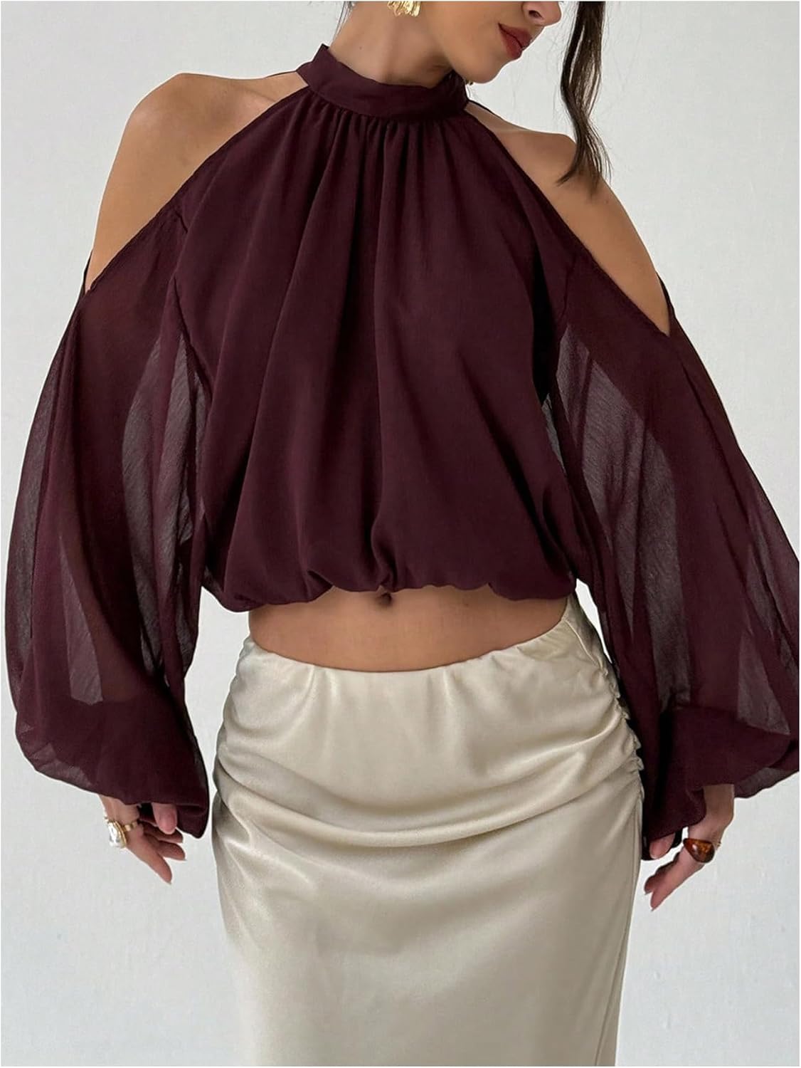 MakeMeChic Women's Summer Outfits Cold Shoulder Halter Blouse Long Sleeve Tie Back Sheer Crop Tops