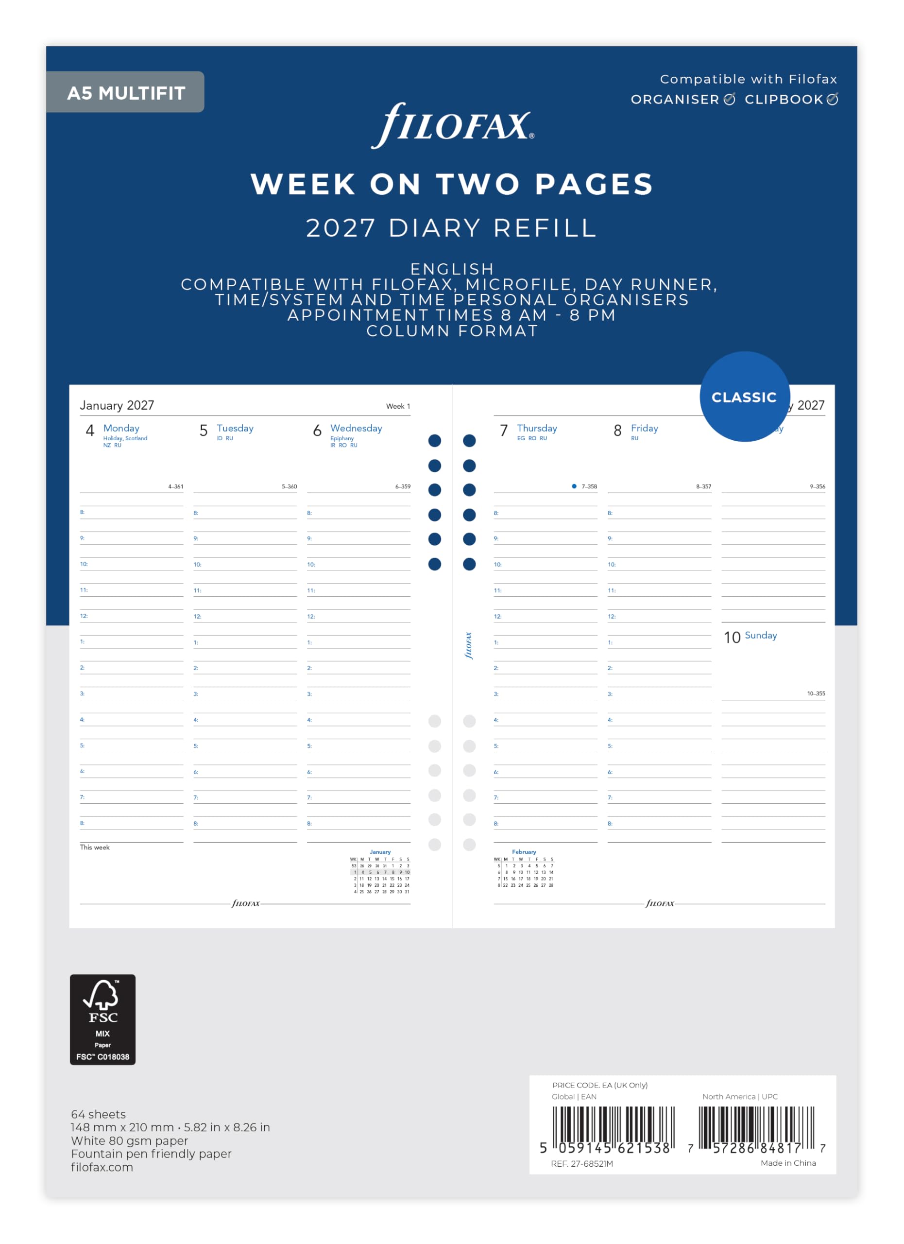 Filofax A5 Week on two pages English multi-fit 2027 diary 27-68521M