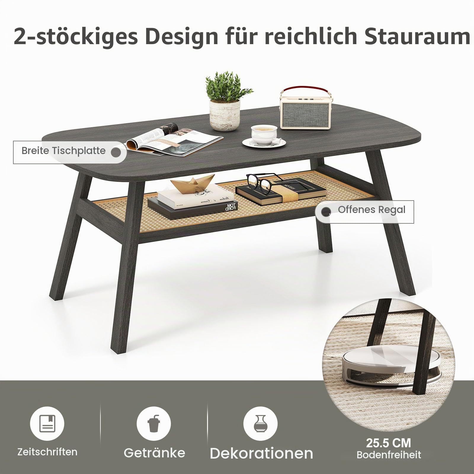 LIFEZEAL Couchtisch, Rechteckiger Wohnzimmertisch mit 2 Ebenen, Sofatisch Teetisch mit Holzbeinen, Mitteltisch mit Rattan-Ablagefach für Zuhause & Büro, Rustikaler Stil