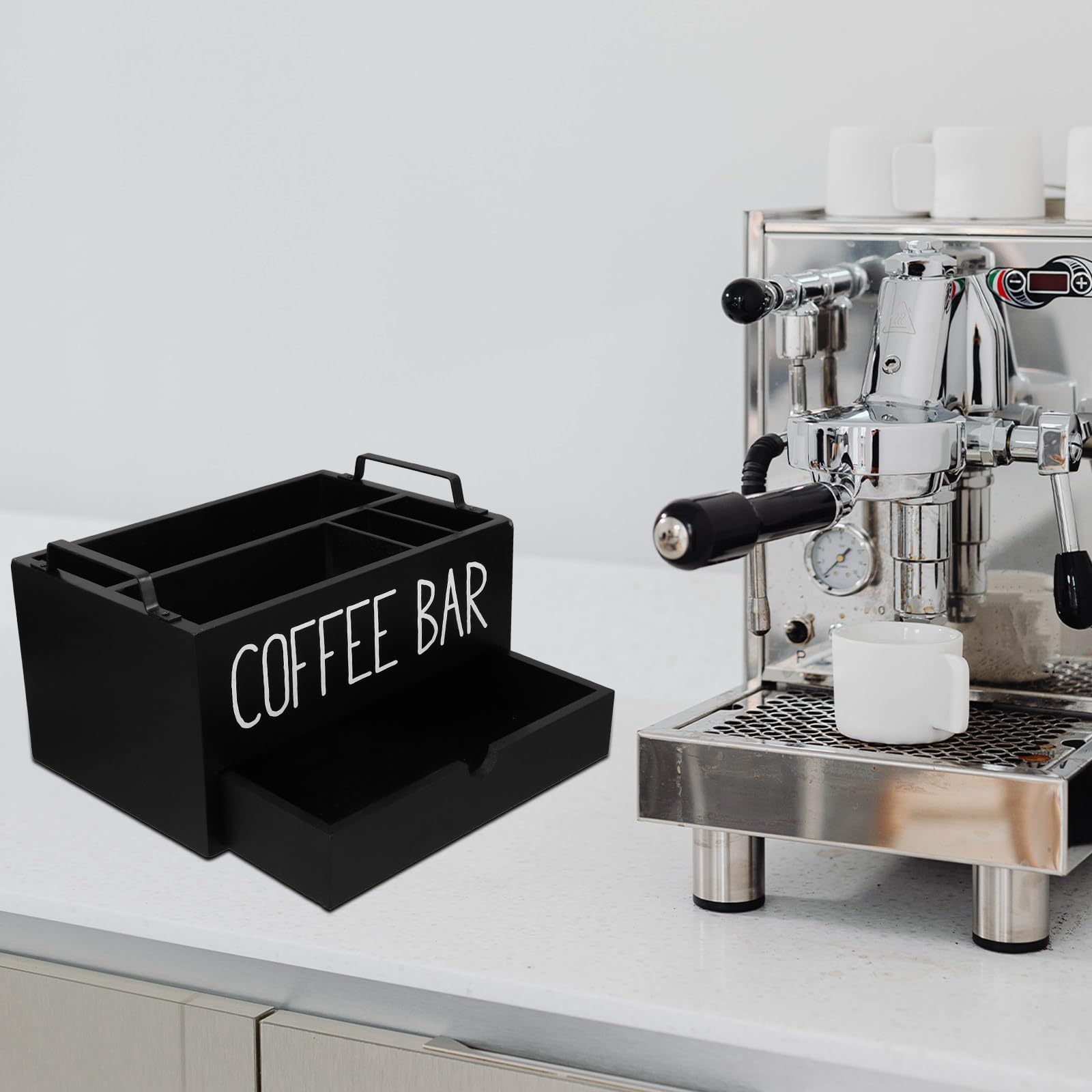 Kaffee und Tee Organizer mit Schublade Vielseitige Aufbewahrungslösung für Küchenarbeitsplatten Minimalistisches Design und Elegante Handwerkskunst