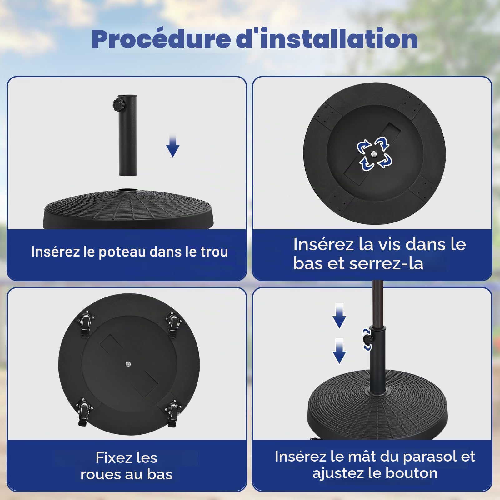 KOMFOTTEU Pied de parasol avec roulettes - Diamètre : 52 cm - Pour tige de parasol de 38 mm / 48 mm - Roulable - 23 kg - Noir