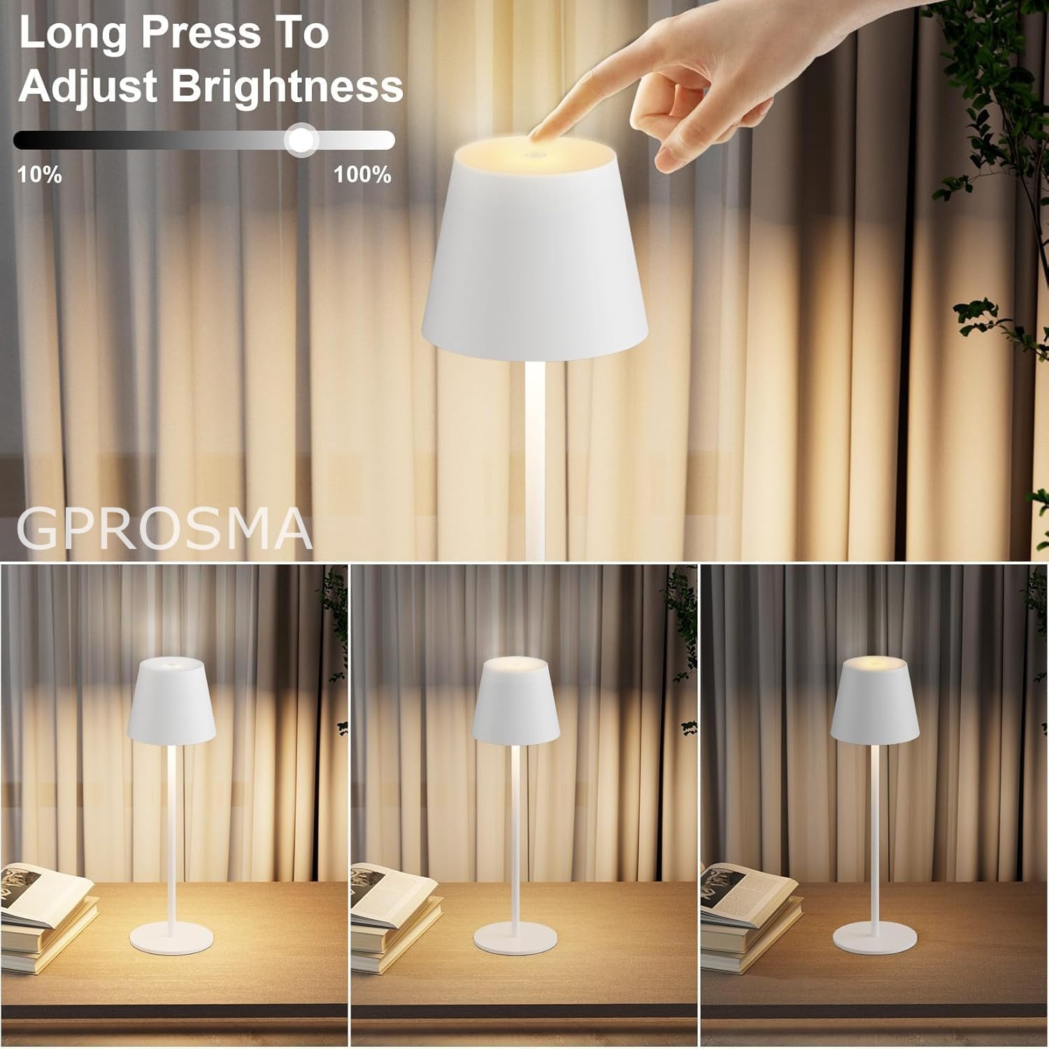 2 Pezzi Metallo Lampada da Tavolo Senza Fili Lampada da Comodino Led Ricaricabile a Batteria 5200mah,IP54,Moderni Lampada Portatile,Touch 3 Modes, per camera da letto,Soggiorno,Esterni