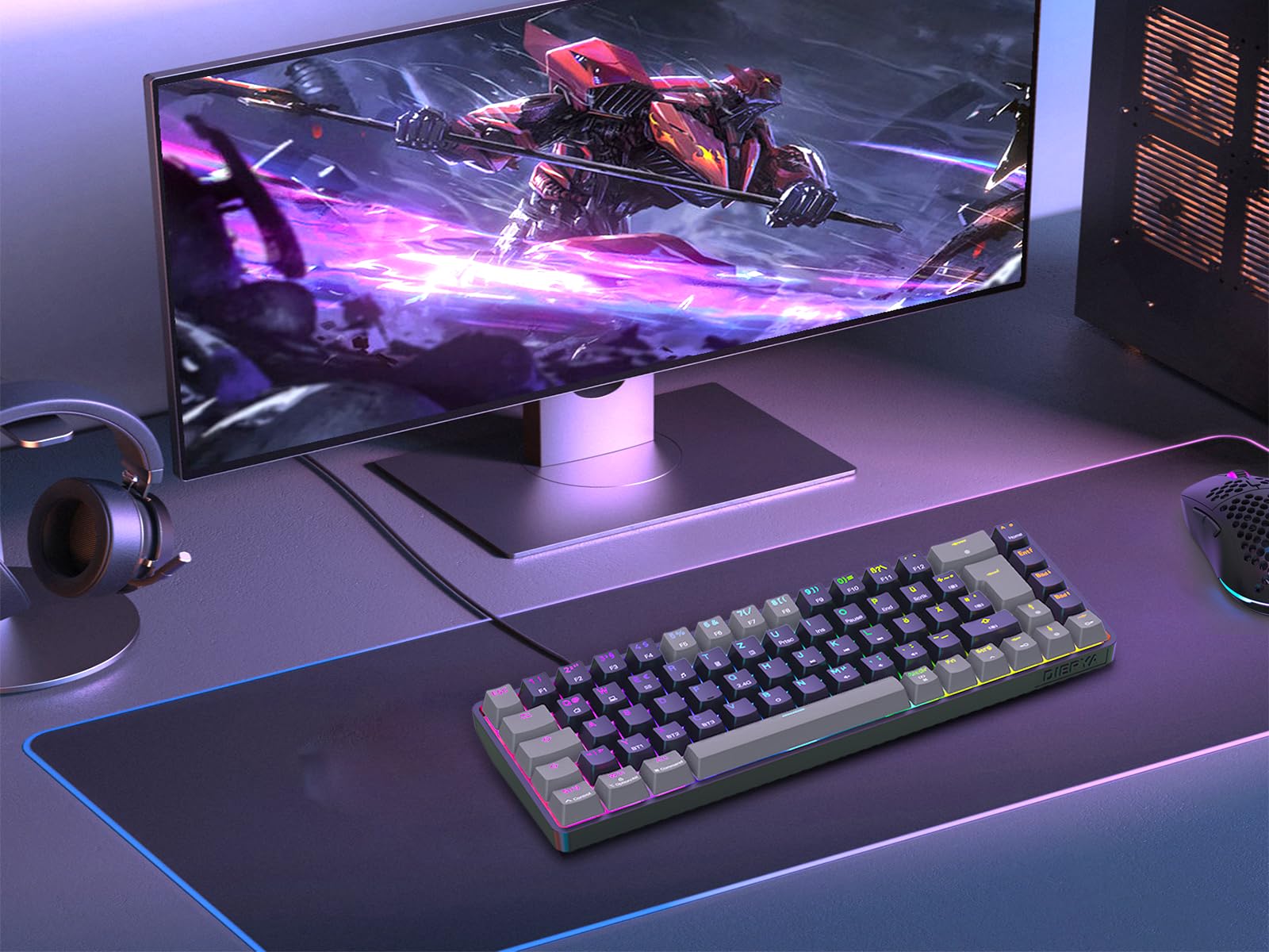 Dierya DK68 Kabellose Gaming Tastatur Deutsches Layout-QWERTZ,Bluetooth/2.4GHz/USB-C 68 Tasten RGB Beleuchtung Mechanische Tastatur,Linear Roter Switch,Grauschwarz