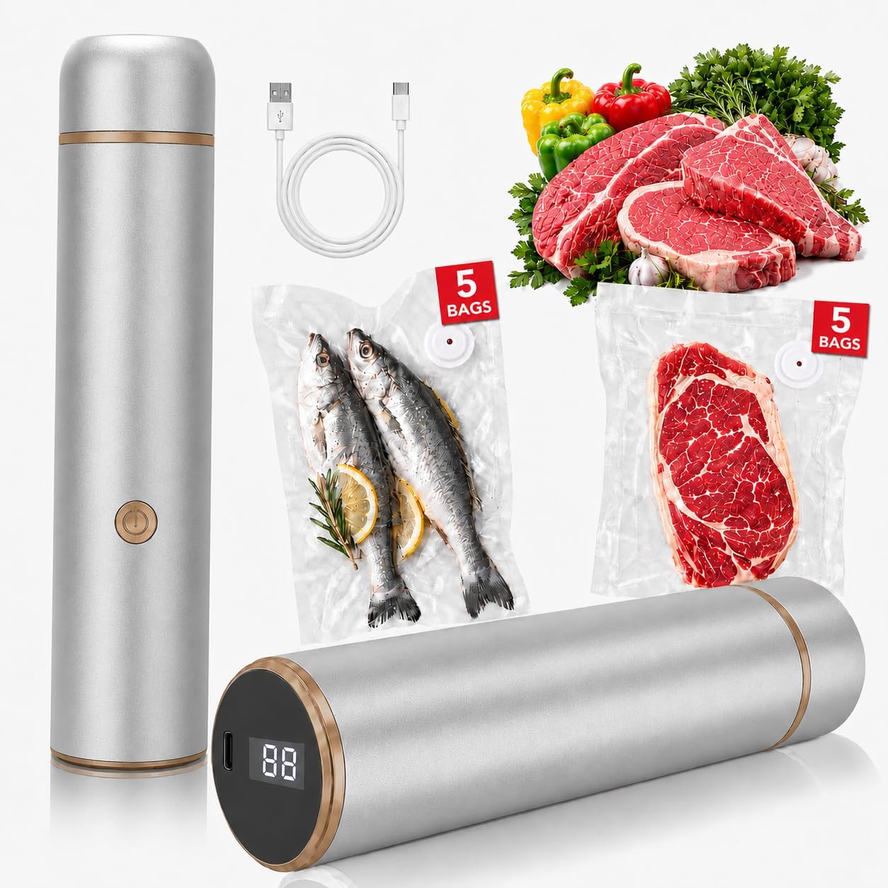 Sigillatrice sottovuoto compatta per alimenti, con 30 sacchetti riutilizzabili, macchina sottovuoto portatile portatile per la preparazione e la conservazione dei pasti, potente mini