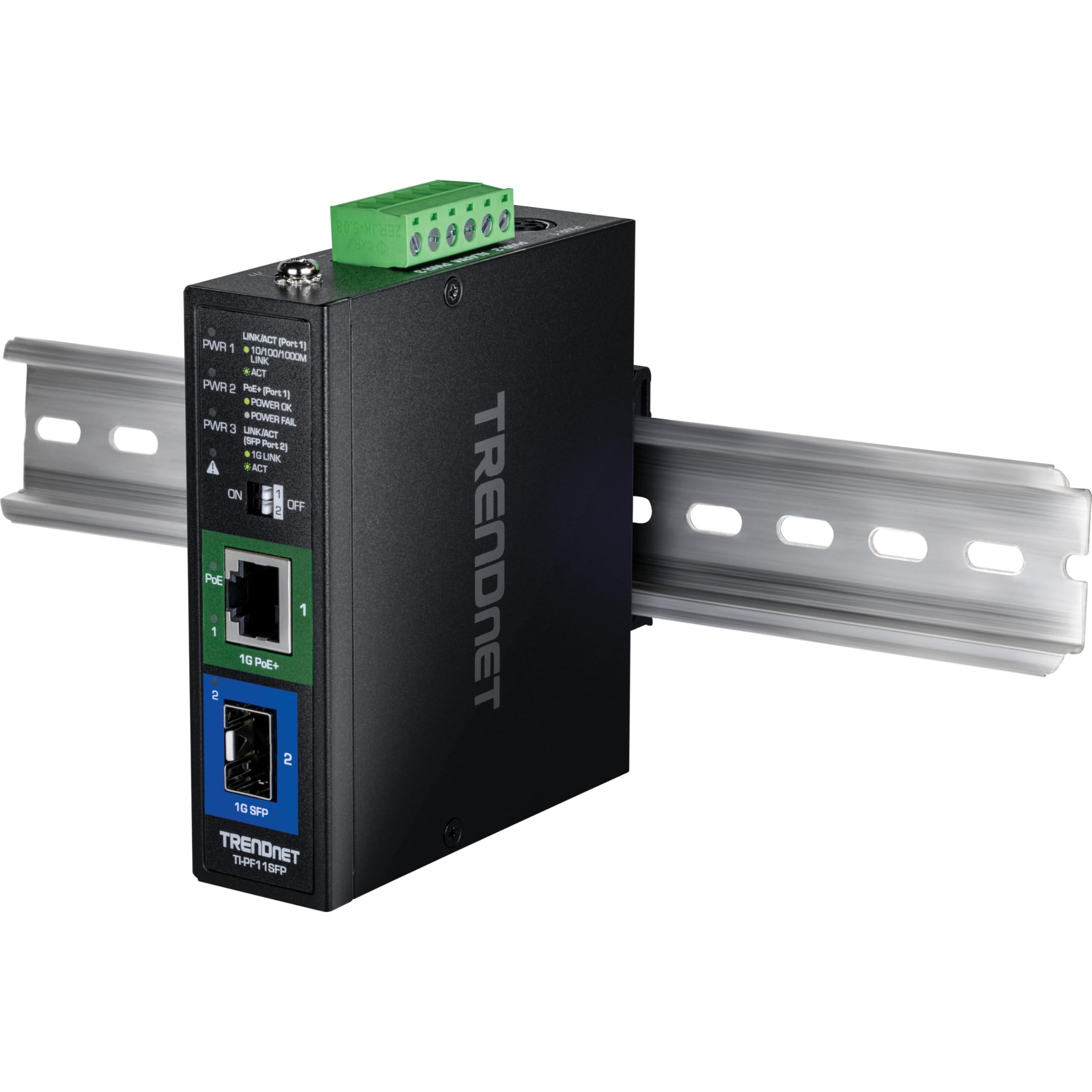 TRENDnet, TI-PF11SFP, Convertisseur de média Industriel SFP vers Gigabit PoE+, boîtier classé IP30, Plage de température de Fonctionnement -40°–75 °C à (-40° – 167 °F)
