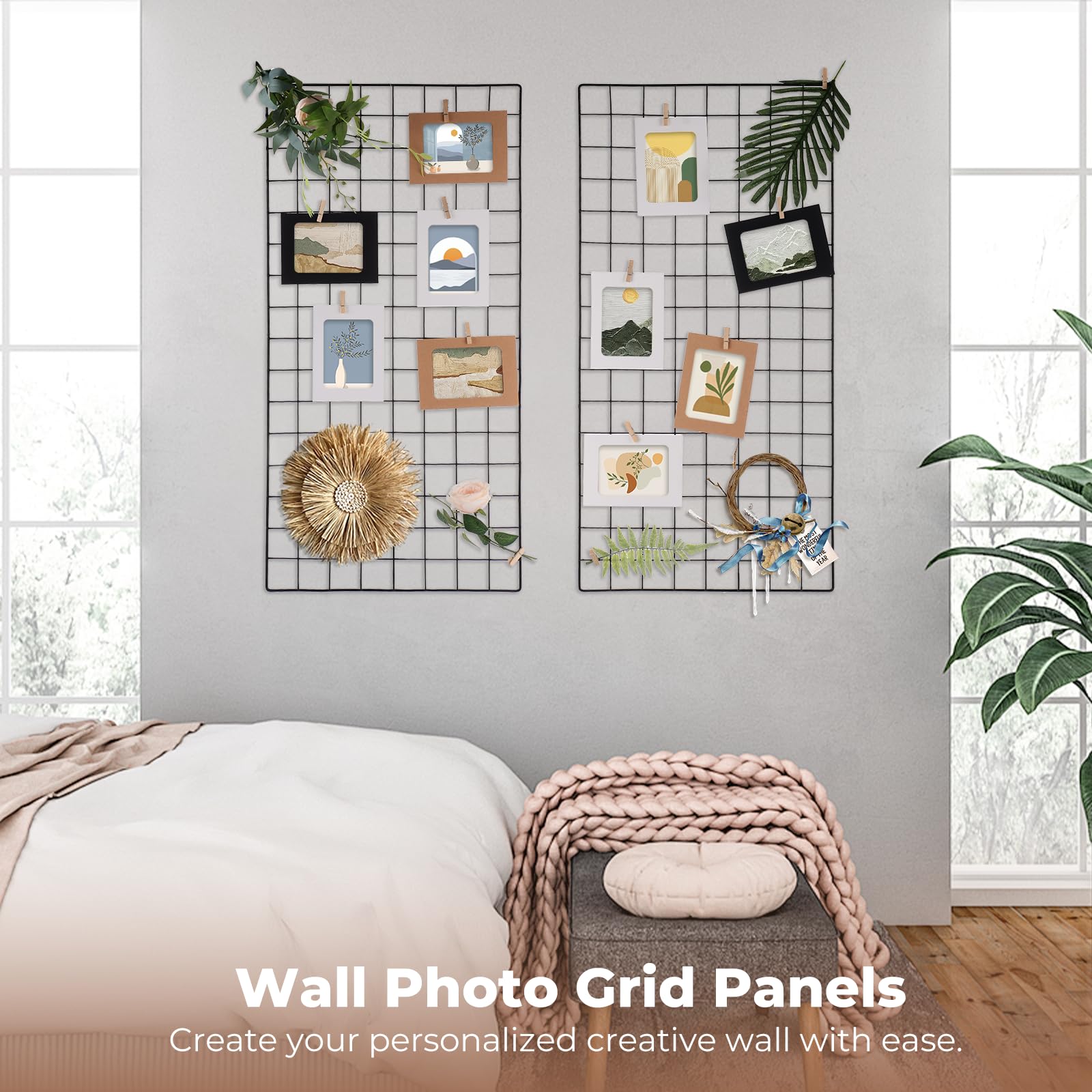 Lnrueg 2 Stück Wandgitterpaneele, Draht-Wandgitterregale mit Bilderrahmen, Clips, Haken und Hanfseil, Wanddekoration, Aufbewahrungs-Organizer, Metalldraht, Memoboards