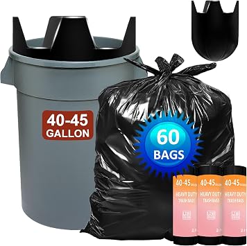 40-45 Gallon Heavy Duty Trash Bags 60 Count 1.2 Mil with 4 Innovative Flap Ties | Compatible with Rubbermaid Brute & Winco & Behrens 40-45 Gallon Round Trash Can | Tear & Leak Resistant Black
