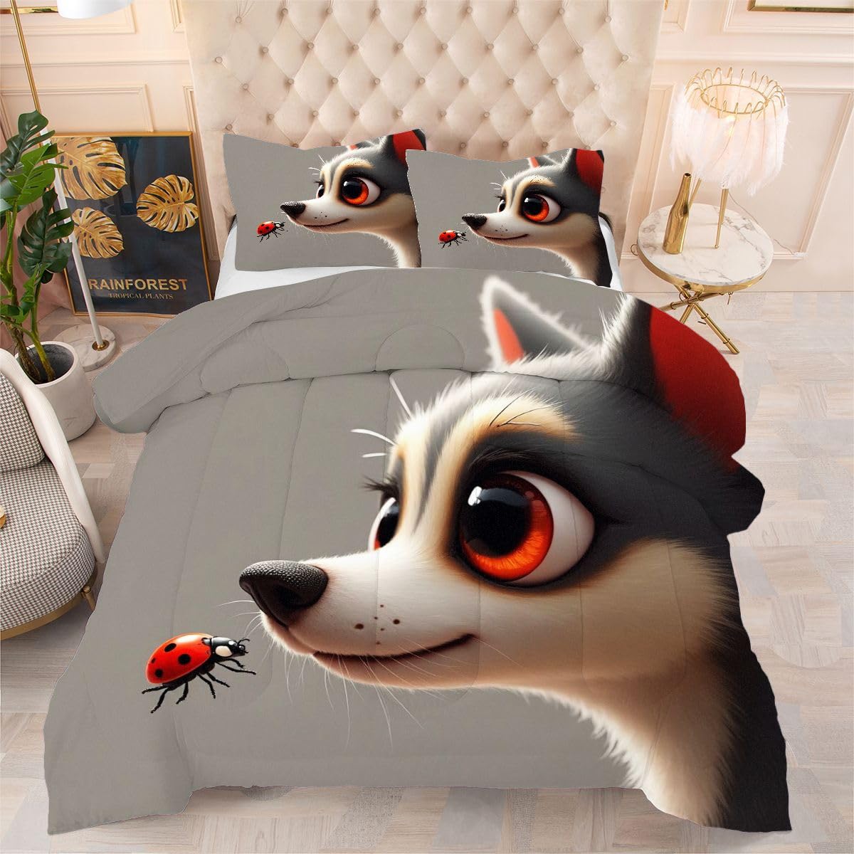 Couette 240x260 cm Chien Gris avec 2 taies d'oreiller pour lit double