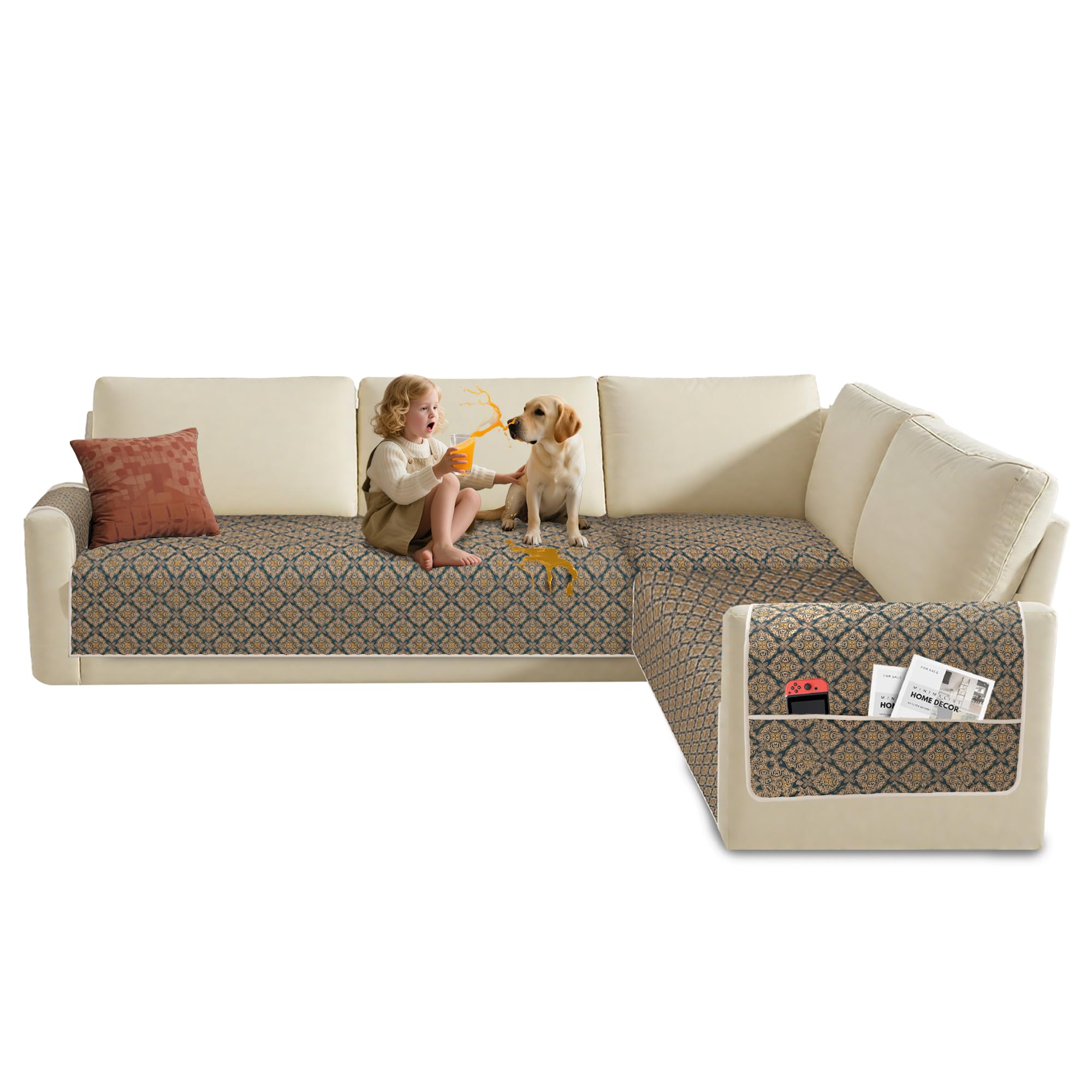 ALIECOM 100% Waterproof Couch Cushion Covers for Sectional Sofa Printed L Shaped Corner Sectional Couch Cover for Dogs Pets Non Slip Seat Slipcover