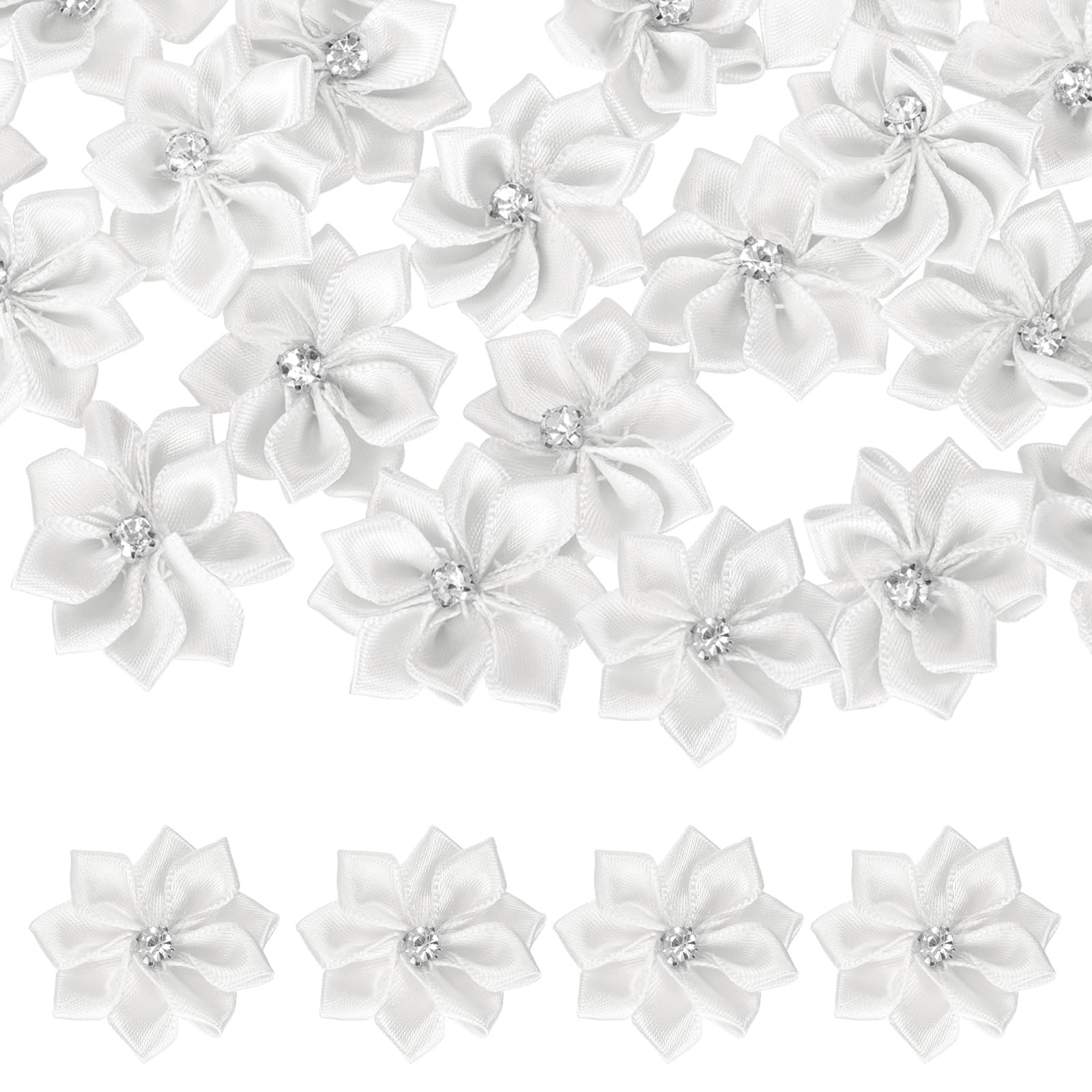 sourcing map 100 Pcs 1.2 Inch Satin Ribbon Flowers Bows Flowers Applique Floral Embellishments for DIY Crafts Sewing Clothing Hair Bow Wedding Decor, White