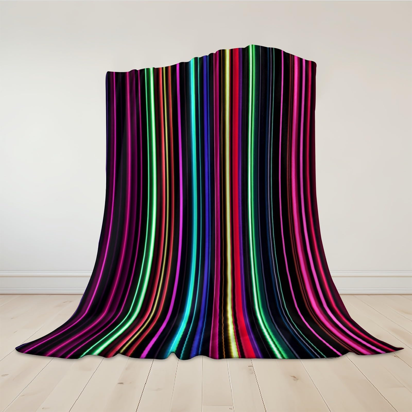 Couverture Polaire Rayures néon 220x240 cm Plaid Flanelle Super Doux et Chaud, Léger et Confortable, Jeté de Canapé, Couverture Voyage Enfant et Adulte, Noir