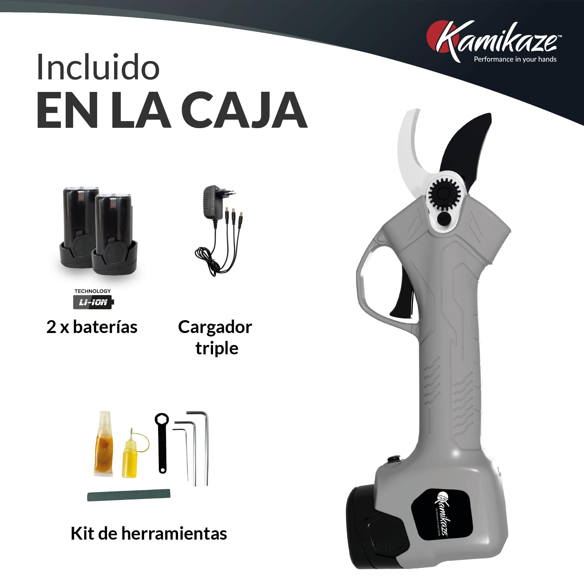 KAMIKAZE KV280 Tijera Eléctrica de Poda Inalámbrica 150W Corte Máximo Ø 25 mm Incluye 2 Baterías Litio de 14V con autonomía de 2500 cortes, Cargador y Kit de Herramientas Diseño Patentado.