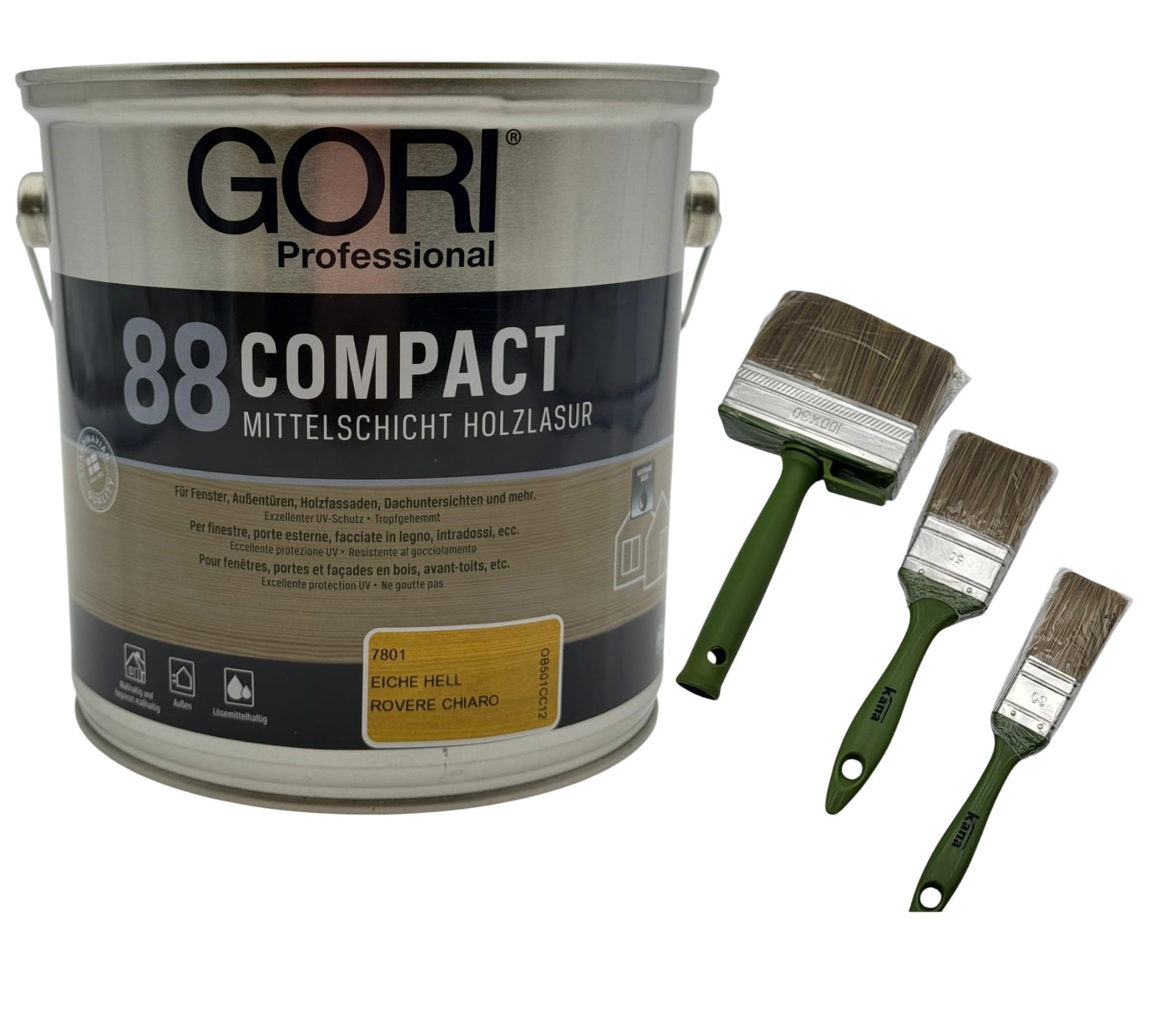 zbs24 Gori 88 Compactlasur eiche hell 2,5 Liter Holzschutzlasur, tropfgehemmte Mittelschichtlasur, inkl. 3-teiliges Pinselset zur einfachen Verarbeitung der Lasur