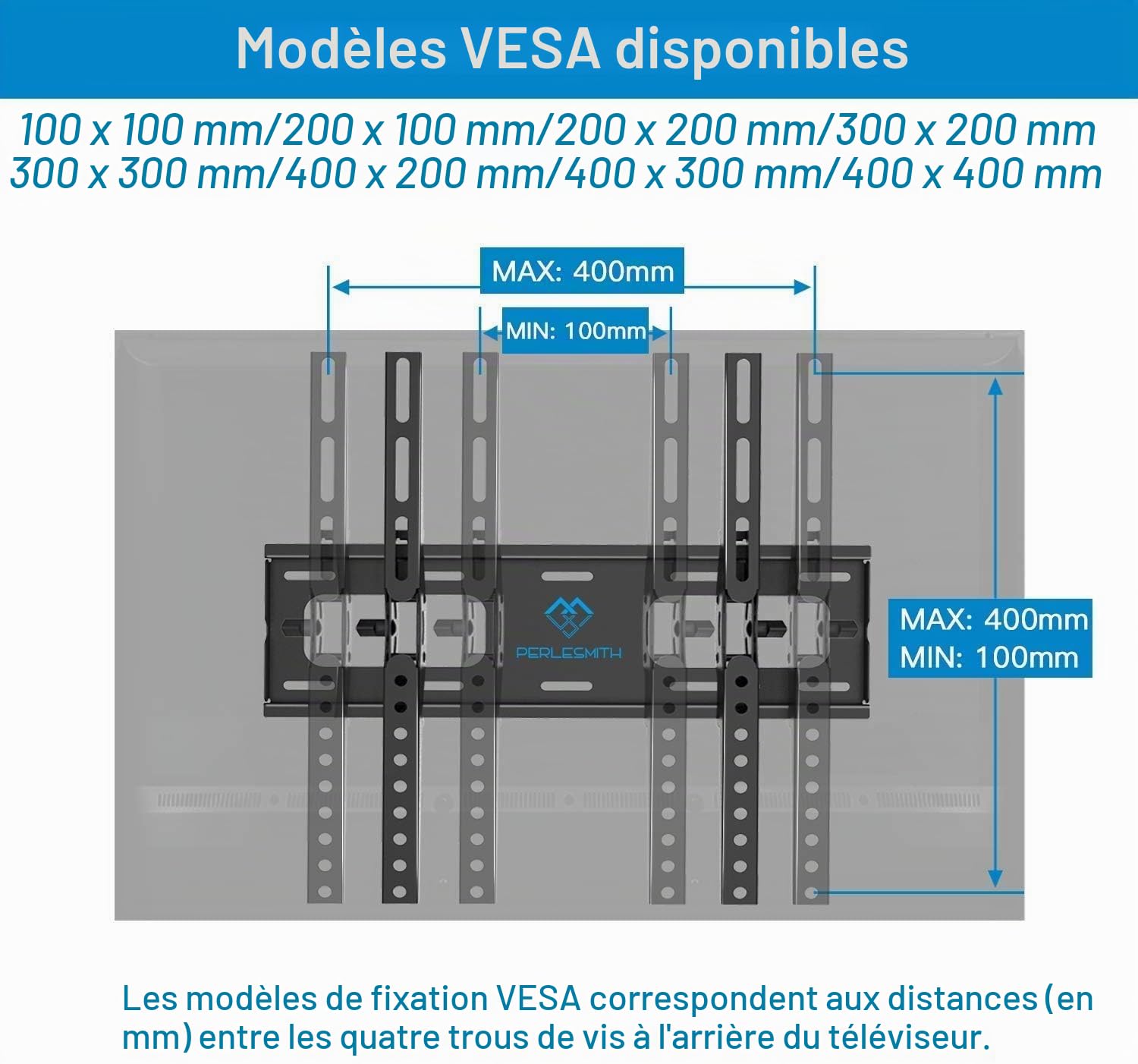 PERLESMITH Support Mural TV avec Inclinaison sans Outil pour la Plupart des Téléviseurs Plats & Incurvés LCD, OLED de 26-65 Pouces, Support TV Inclinable avec Max VESA 400x400mm, Capacité Max de 60 kg