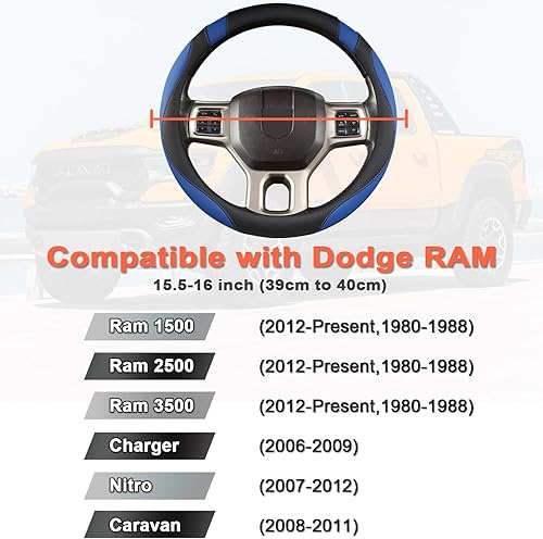 Miniatura 2 de West Llama Funda personalizada para volante de automóvil Dodge RAM 1500 2500 3500, 15.5-16 pulgadas (negro + azul tamaño grande)