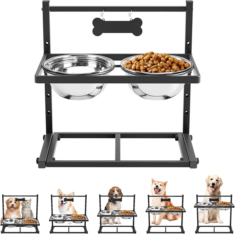 Comedouro elevado para cães ADENGL com 5 alturas ajustáveis e 2 tigelas de aço inoxidável de 1,7 L