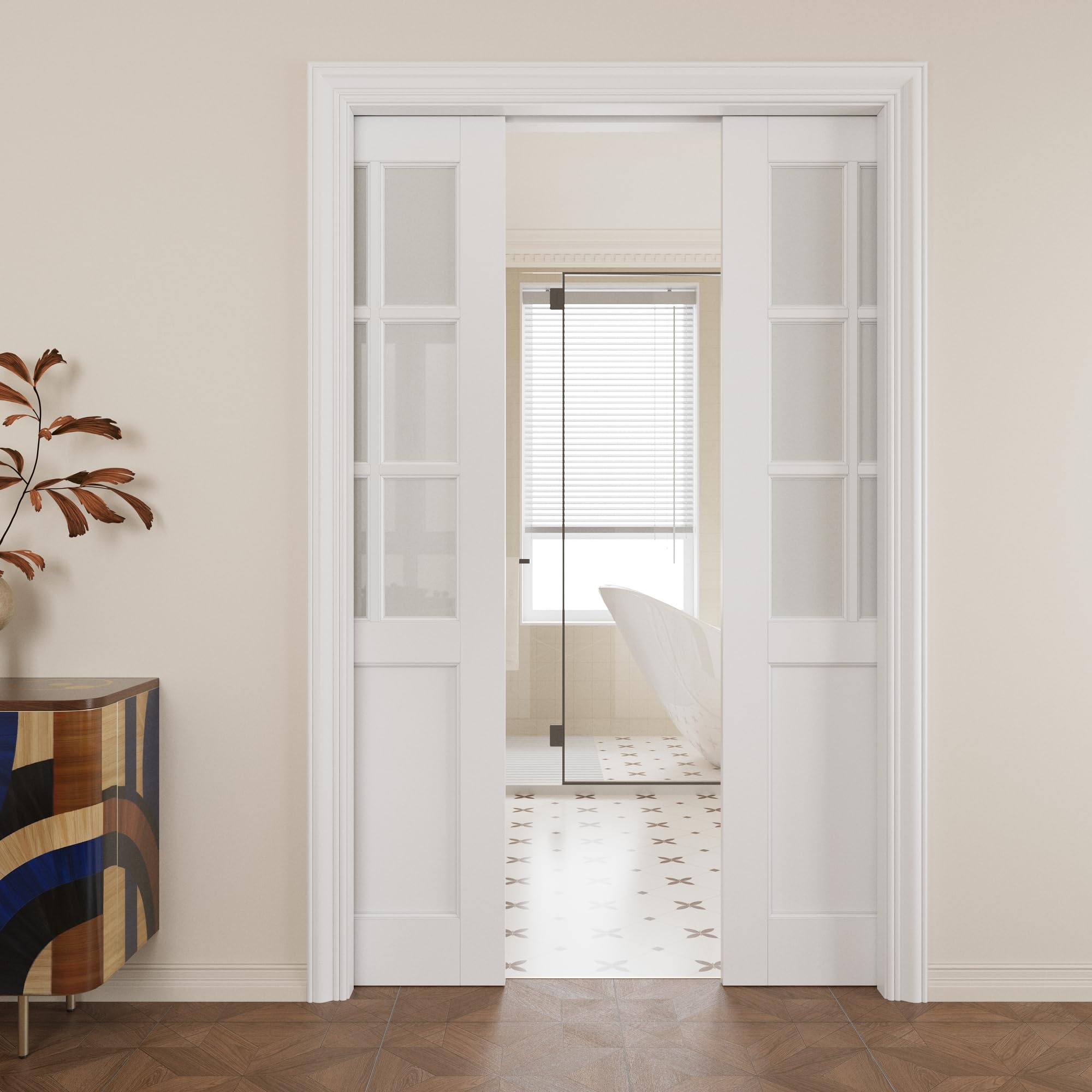 Pocket Door,6-Lite Frosted Glass Doors,Solid Door,48 x 80 Door