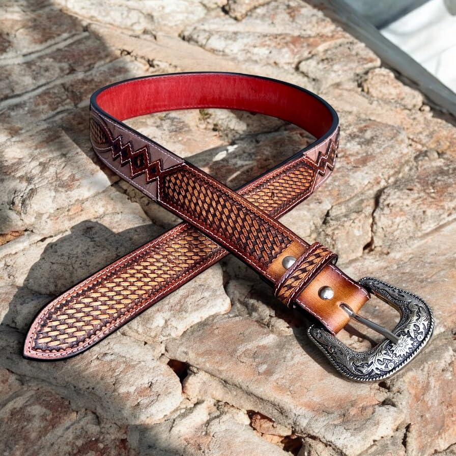 DANIEL'S ARTPLANET Men's Western Belt 1.5” Wide Full Grain Leather Belt with Buckle Handmade Engraved Tooled3
