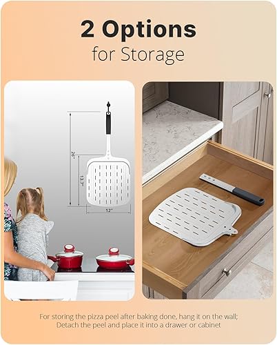 Miniatura 6 de Pala de pizza de 12 pulgadas, pala de aluminio perforada para pizza (12 pulgadas) con mango resistente al calor, espátula antiadherente y ligera