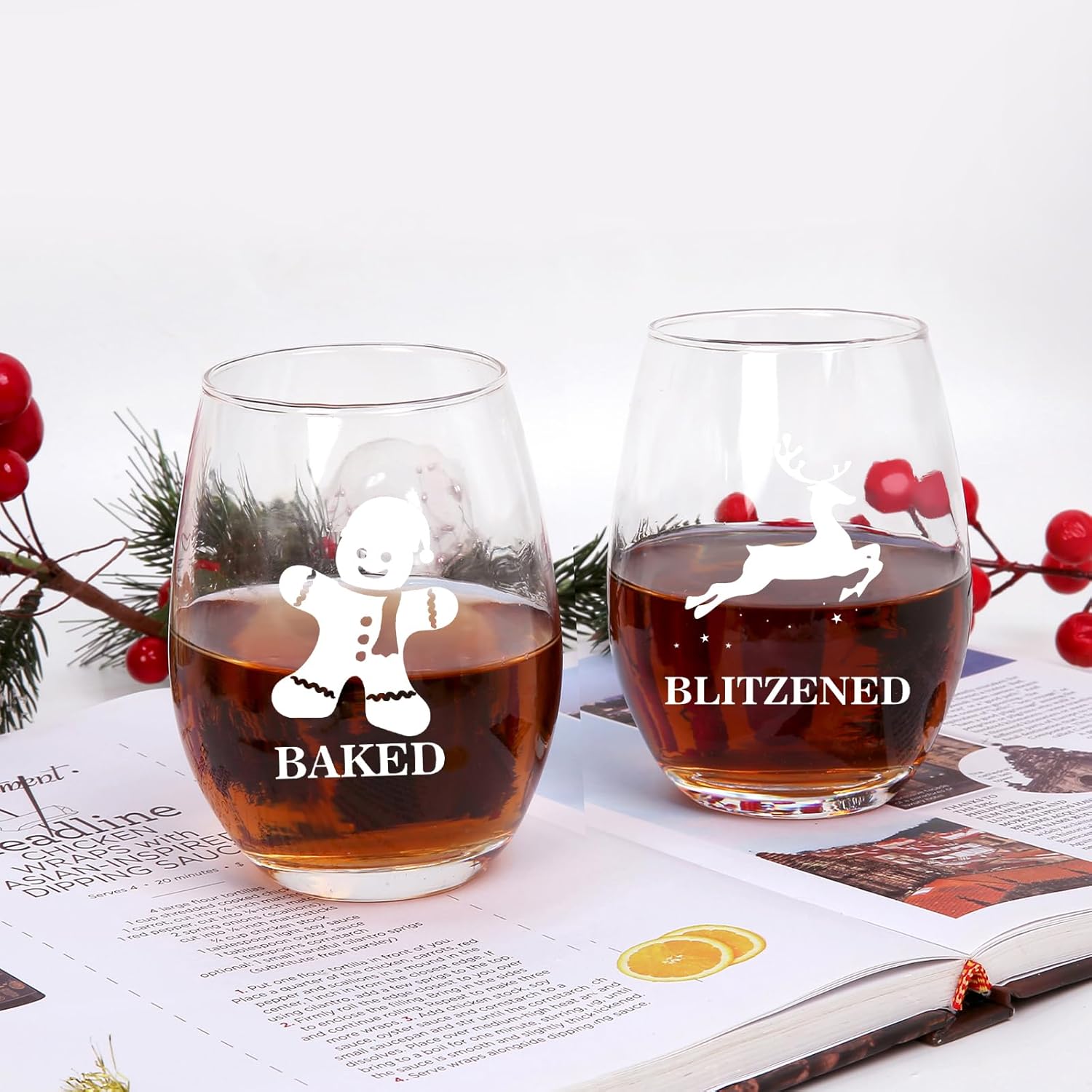 Funny Christmas Wine Glasses, Set of 4 Christmas Stemless Wine Glass for Men Women Friends Family Coworker, Holiday Gifts, Unique Gift Idea for Christmas New Year, 15Oz