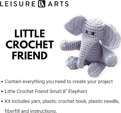 Miniatura 2 de LEISURE ARTS Little Crochet Friend - Kit de ganchillo de animales, elefante, 8 pulgadas, kit completo de ganchillo, kit de inicio de animales para