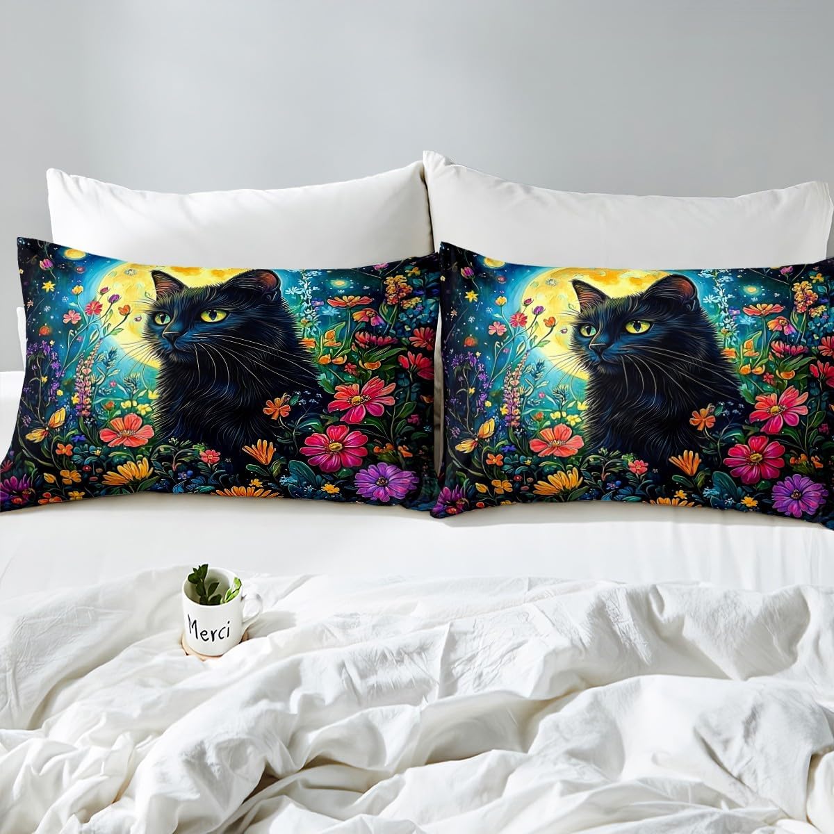 Botanical Cat Duvet Cover Toddler Size,Gothic Night Wild Cat Comforter Cover with 1 Pillowcase,Watercolor Blooming Flowers Floral Bedding Set 2pcs,Exotic Moon Sky Quilt Cover,Not Comforter