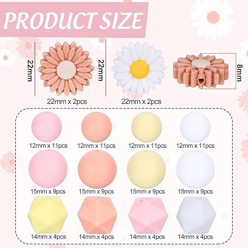 Miniatura 2 de AnyDesign 100 cuentas de silicona de margarita, con forma de flores blancas melocotón, espaciador focal redondo con cuerda elástica para
