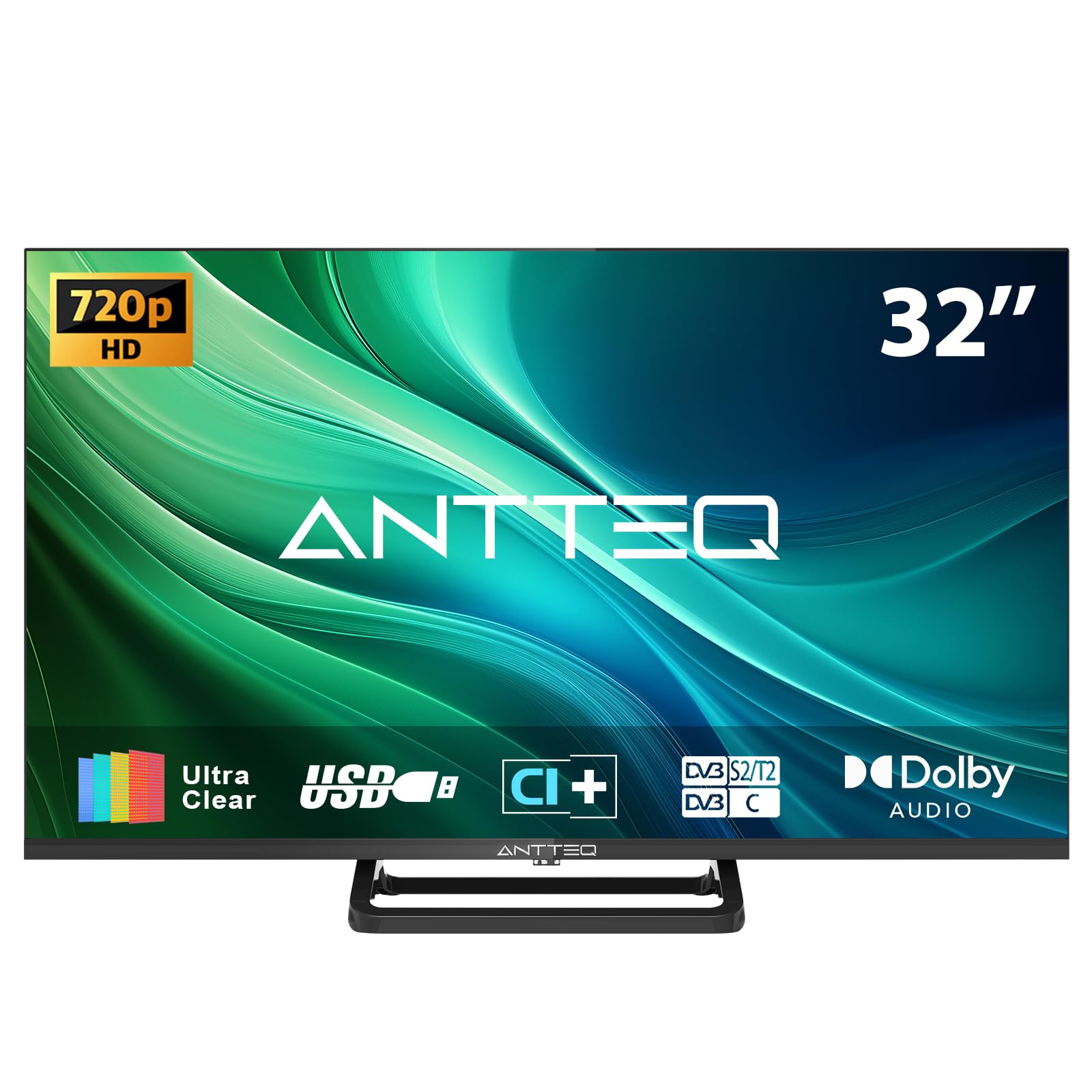 Antteq TV 32 pouces, support central TV 720p Freeview HD Dolby Audio DVB T2/S2 LED, HDMI USB Media Player Monitor PS5 Xbox, TV standard non smart TV petit écran pour chambre à coucher cuisine noir