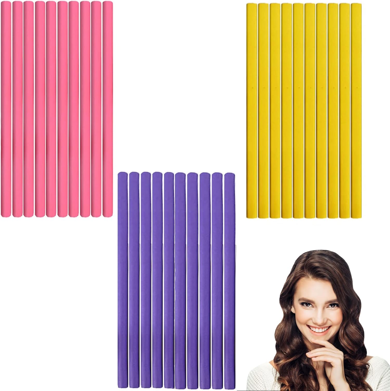 JEOPKO 30 stuks flexibele krulstangen, twist schuim haarkrulspelden geen warmte zachte roller, rollen warmteloos voor lange middelgrote korte tool, perfecte salonstyling, geel, roze, paars