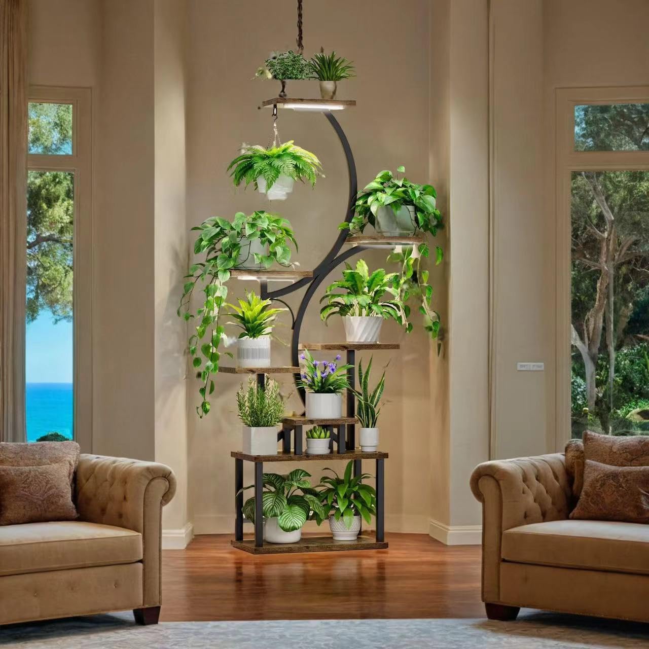 Plant Stand with Grow Lights, 8 Tiered Indoor Plant Shelf, 61" Tall Plant Stand for Indoor Plants Multiple, Metal Plant Flower Holder Stand, S-Shaped Plant Rack for Home, Patio