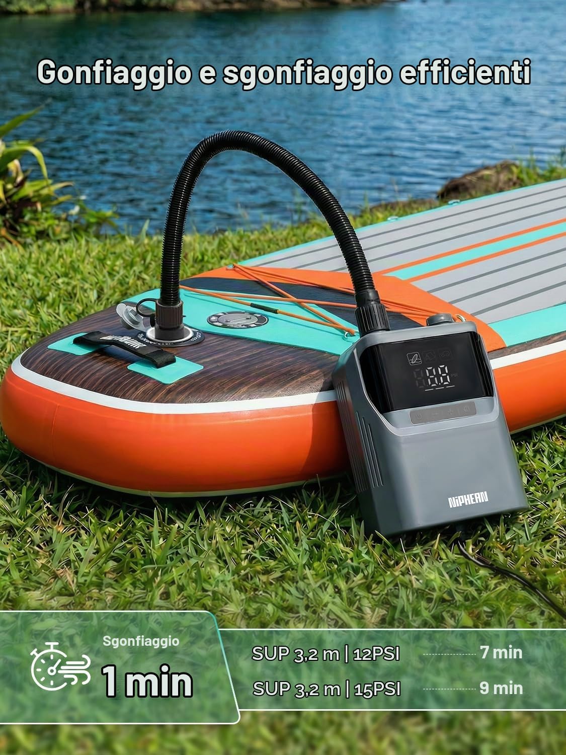 Niphean Gonfiatore Elettrico Portatile, Pompa Elettrica SUP 50 PSI | Pompa SUP Portatile 12V DC, Gonfiaggio e Sgonfiaggio Automatico per Tavola SUP, Kayak e Pneumatici