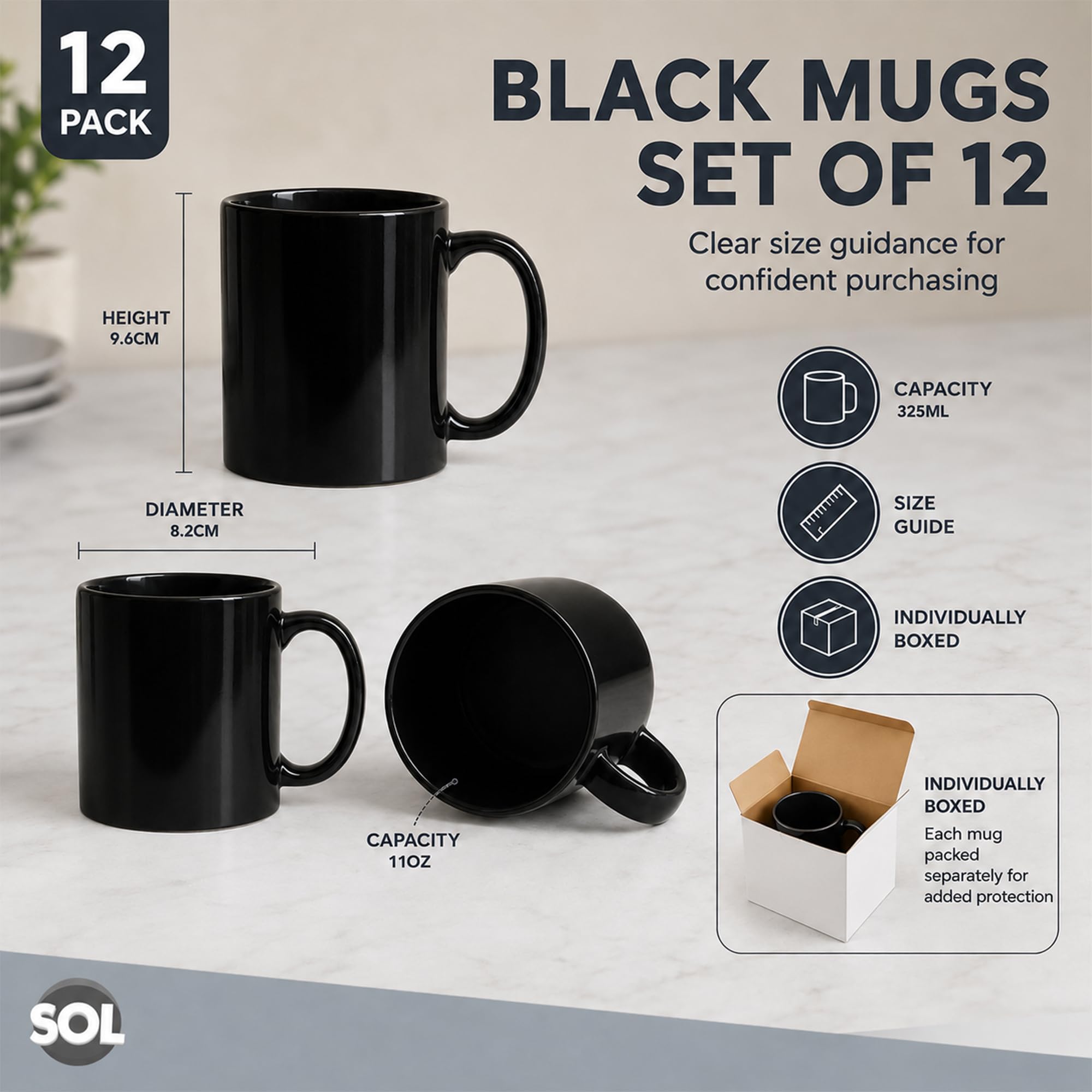 SOL Schwarze Steingut-Tassen, 325 ml, Keramikbecher für Tee und Kaffee, langlebiges Trinkgeschirr-Set für Zuhause, Büro, Café, Restaurant, stapelbares Design, mikrowellen- und spülmaschinenfest