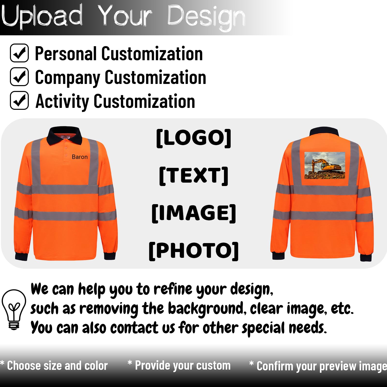 Custom Hi Vis Safety Polo Shirt Add Your Design Logo Protective Long Sleeve High Visibility with Reflective Strips Orange