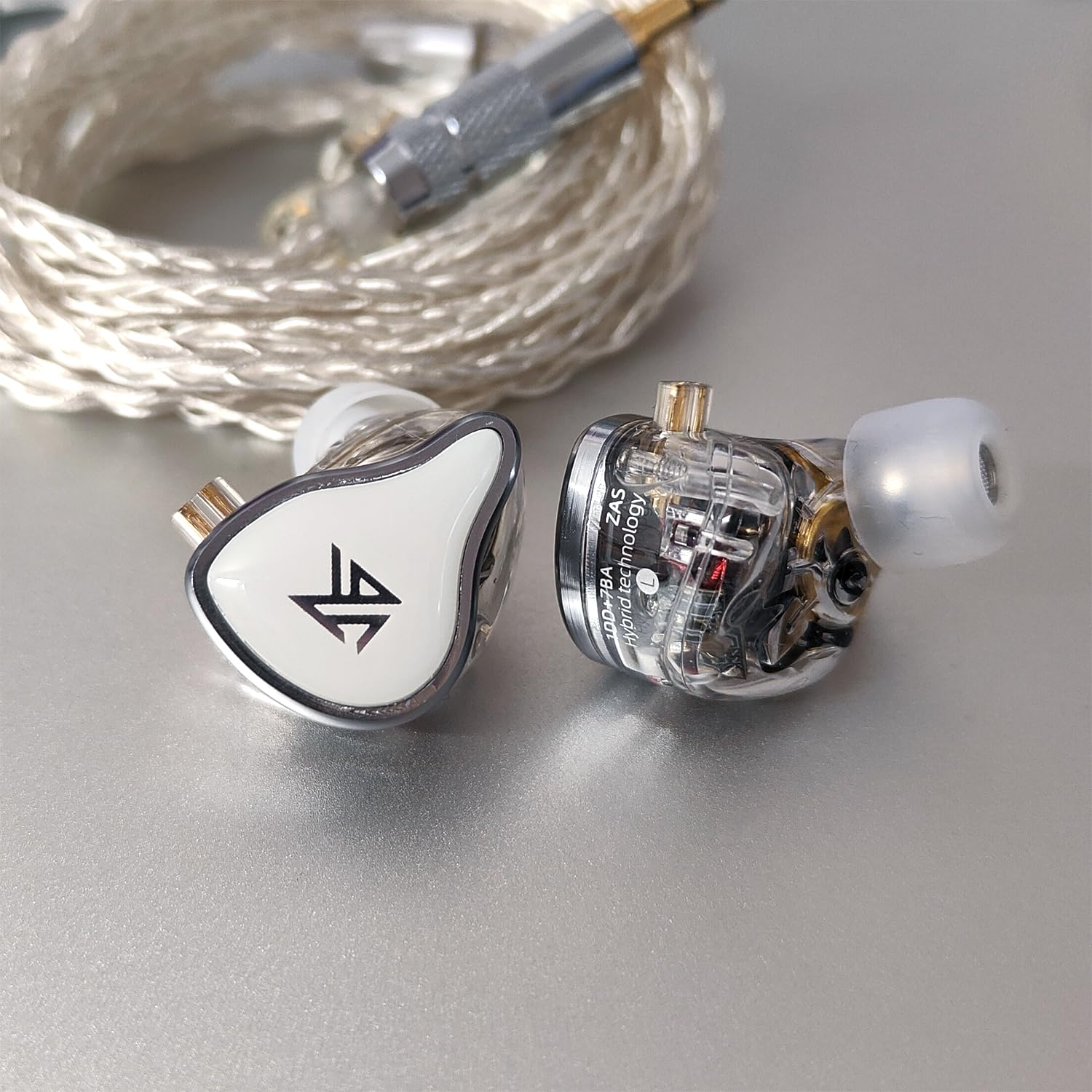 KZ ZAS - Auriculares intraurales con cable, 16 unidades, híbridos, con monitor de oído, 7BA+1DD, IEM con 8 núcleos, cable chapado en plata (blanco, con micrófono)