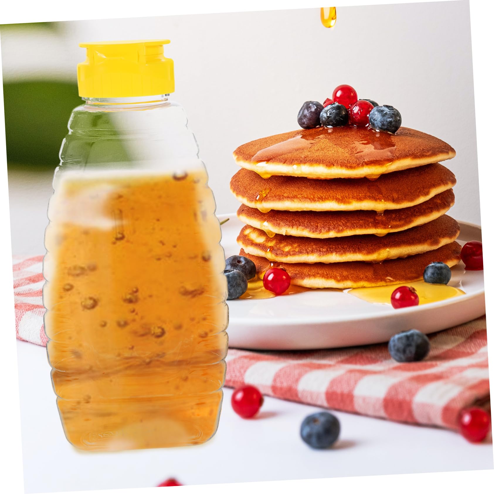 Cabilock 4Pcs Transparent Plastic Honey Bottles Capacity Food Packaging Jar with Lid for Honey Jam Bbq Sauce Oil Ketchup Mustard for Home Restaurant and Travel