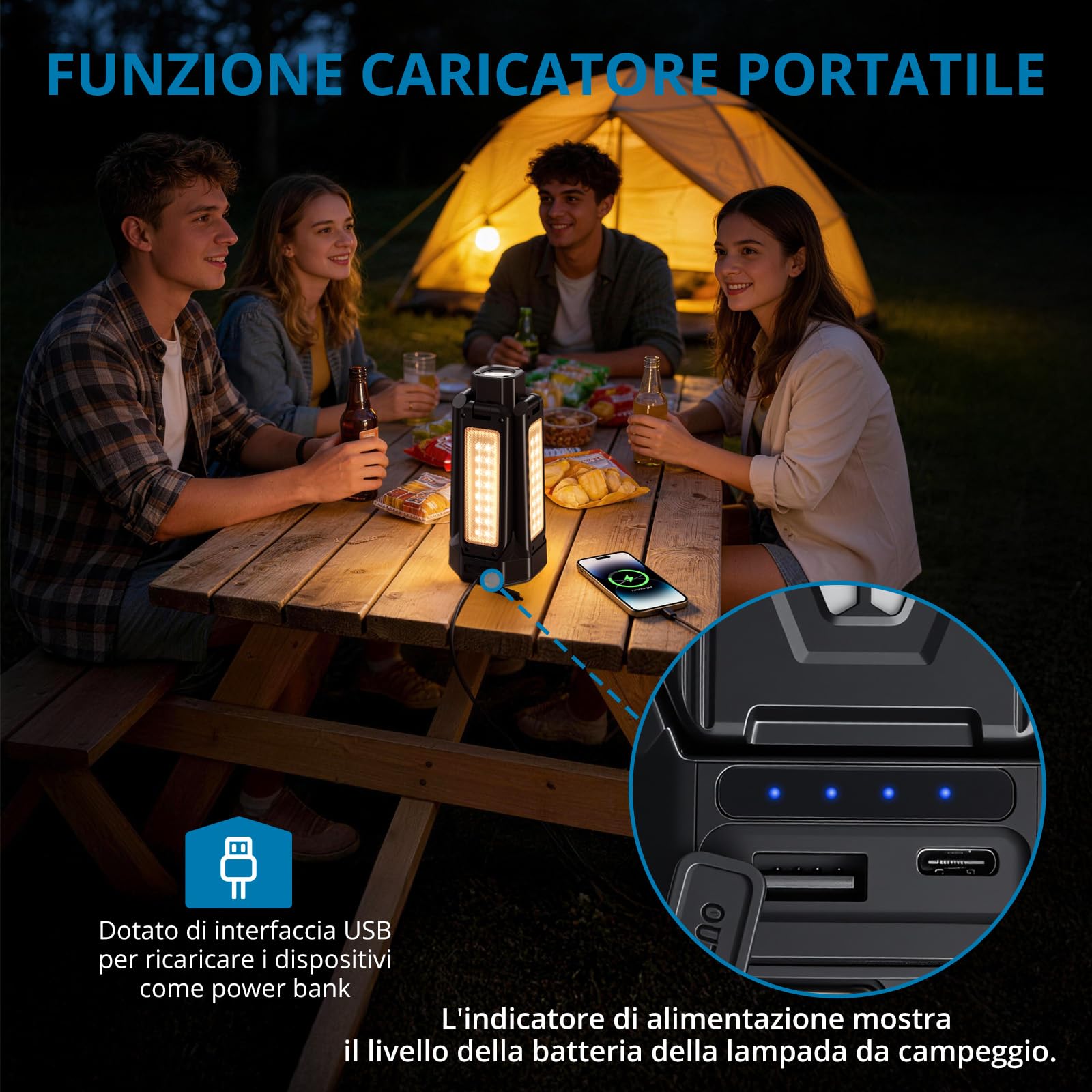 AUTOUTLET Lampada da Campeggio a LED da 16000mAh,4000 Lumen Impermeabile IP66 Treppiede Pieghevole 1,55 M,Lanterna da Campeggio Ricaricabile con 5 Modalità di Illuminazione per Emergenza Garage Pesca