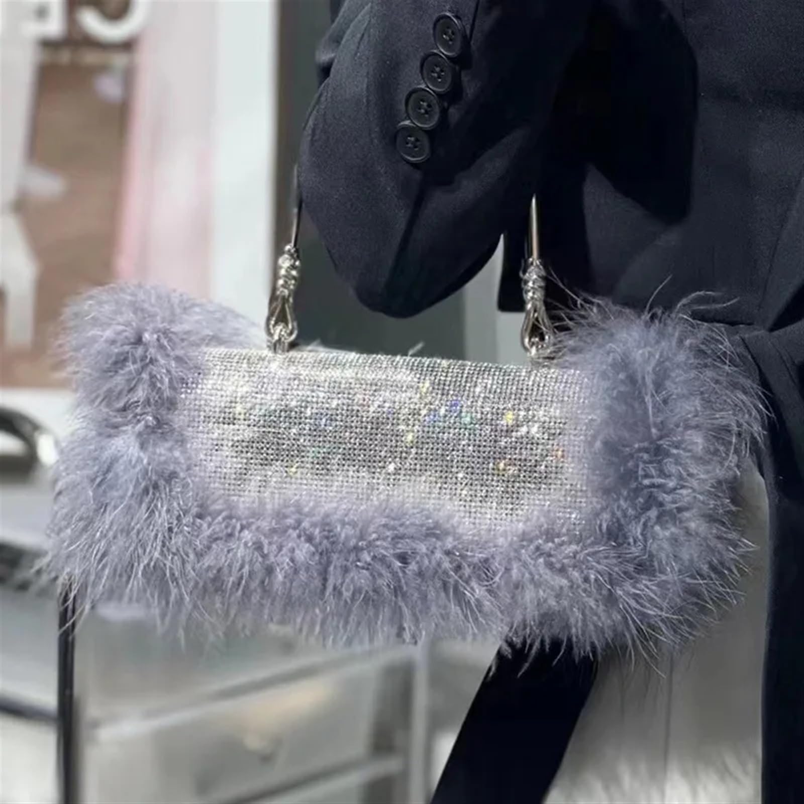 Bolso Plumas Fiesta Bolsos de noche con plumas de avestruz y diamantes for mujer, bolso de mano con diamantes de imitación, bandolera de hombro, bolso pequeño con purpurina for fiesta