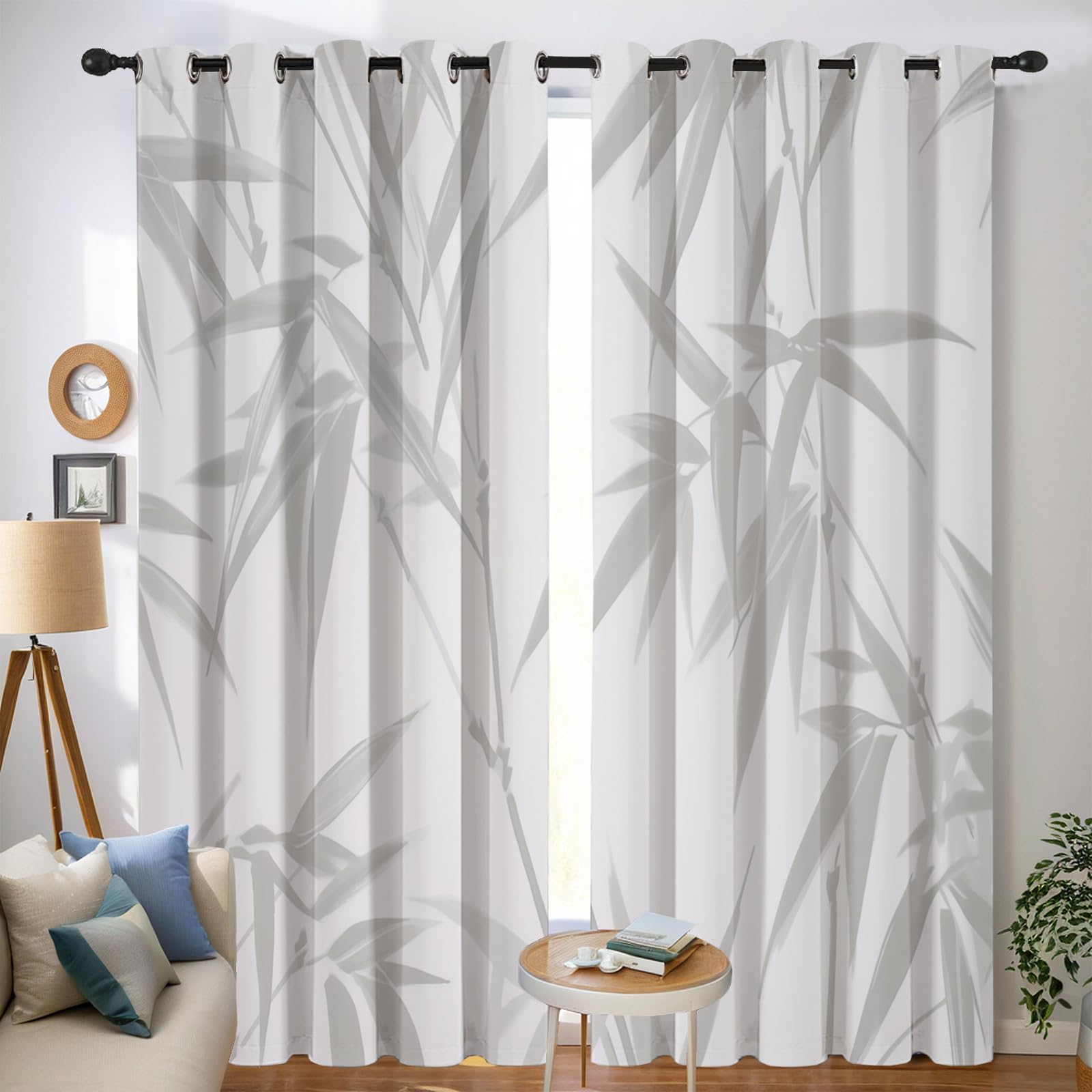 Tenda Oscuranti Bianco Foglie Della Foresta Di Bambù Tende Stampate In 3D Con Passanti Piante Naturali Camera Da Letto Cucina Soggiorno Balcone Decorazione Da Finestre,140L X 160A Cm