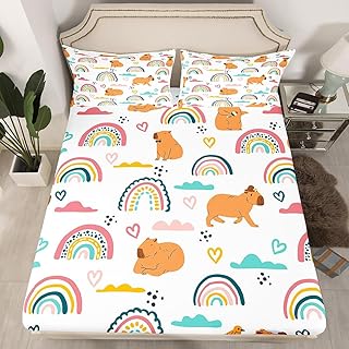Kids Capybaras Fitted Sheet Full Size Cute Rainbow Capybaras Bed Sheet Set for Boys Girls Teens Bedroom Decor Capybara Stuffed Animal Bedding Set Bed Cover with 2 Pillow Case