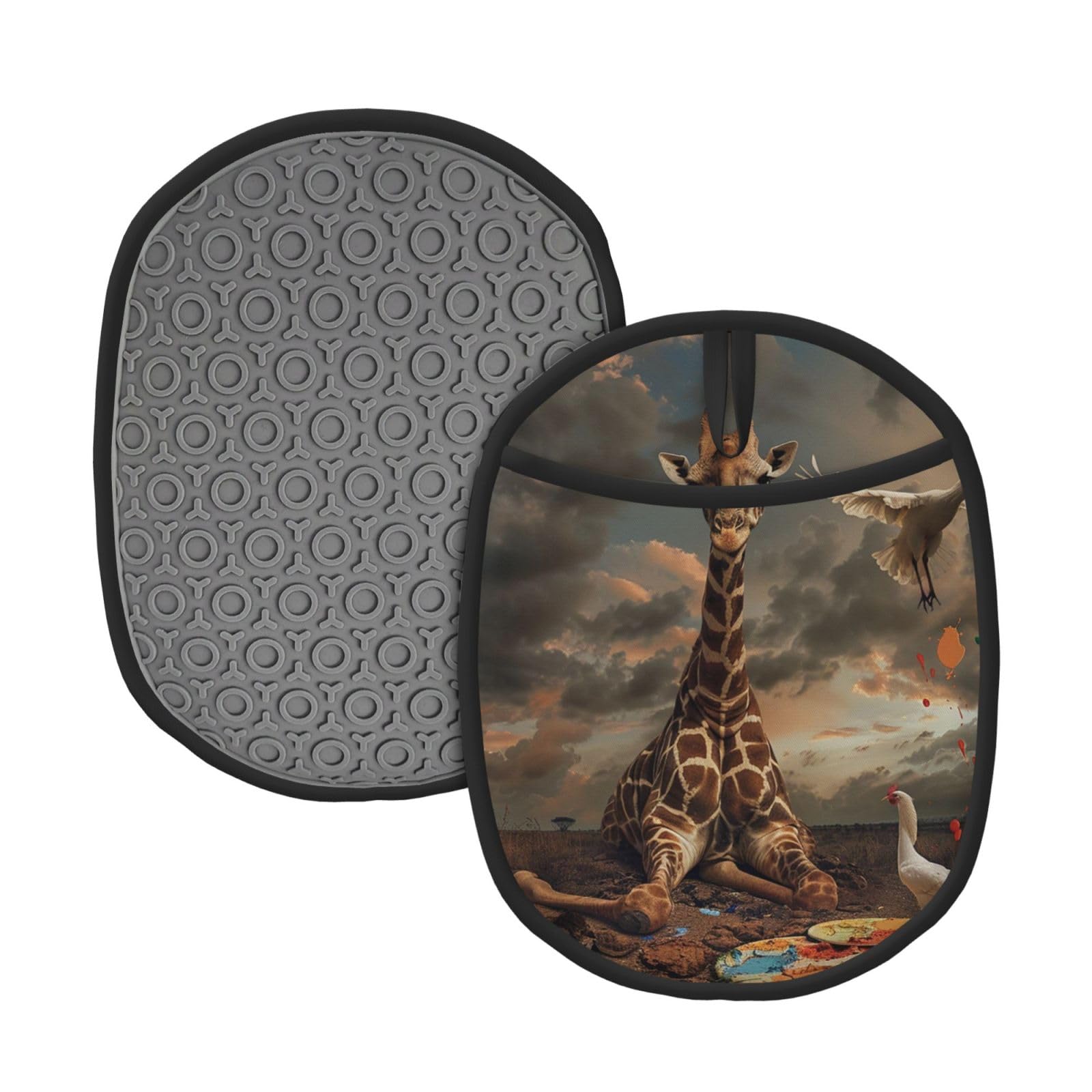 Pot Holders Set of 2PCS Kitchen Heat Resistant Potholders Giraffe Sitting Image Silicone Aunty-hot Pad Cotton Lining Oven Hot Pads for Cooking Baking BBQ Microwave Kitchen
