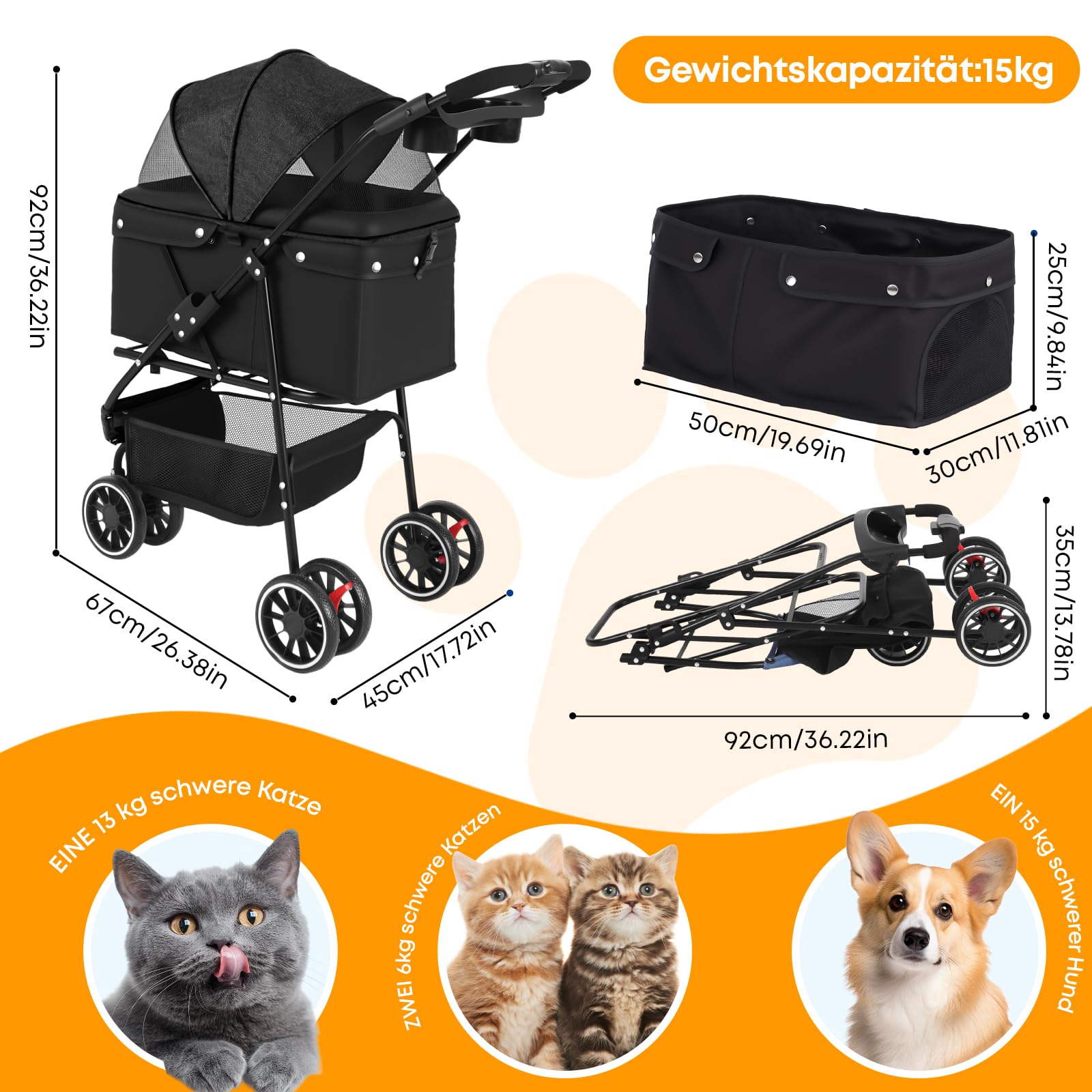 Chihuahua Hundewagen Faltbarer Hundekinderwagen Katzentransportbox für kleine und mittelgroße Hunde mit Netzfenster Schwarz