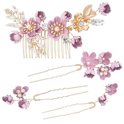 4 horquillas de flores moradas, pinzas para el cabello con perlas de cristal de diamantes de imitación para el cabello, peines chinos para novias,