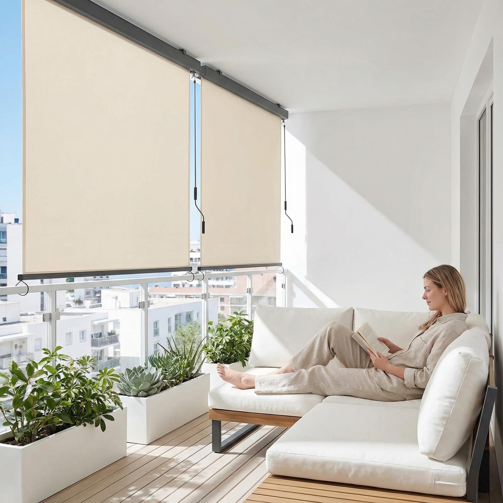 LIFERUN Store vertical 180 x 250 cm, avec manivelle, pour extérieur et intérieur, avec cassette, protection solaire, coupe-vent et brise-vue, pour balcon, terrasse et jardin, beige