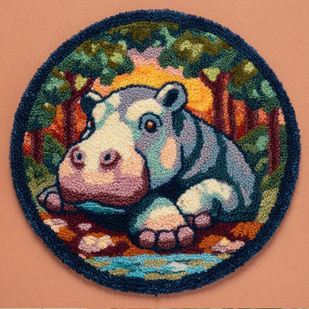 Round Latch Hook Rug Kits Hippopotamus For Adults And Starter 50*50Cm