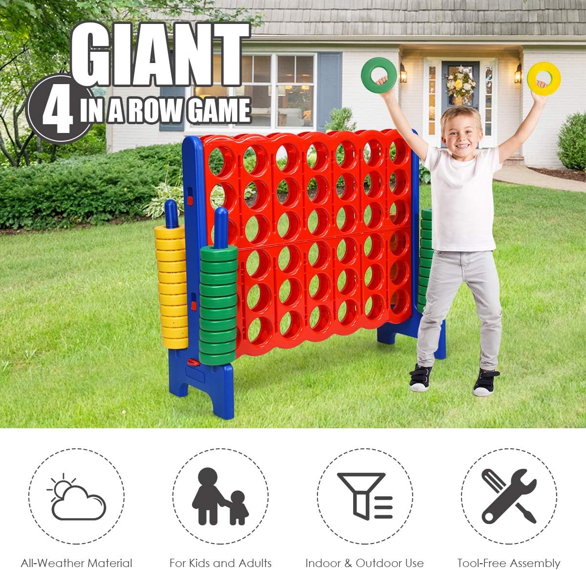 GLACER Giant 4-in-A-Row, Jumbo 4-to-Score Giant Game Set Backyard Games for Kids & Adults, 3.5FT Tall Indoor & Outdoor Connect-All-4 Game Set with 42 Jumbo Rings & Quick-Release Slider
