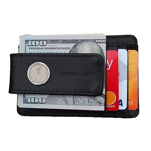 1964 Irish Ireland 3 Pence Coin Genuine Full-Grain Black Leather Magnetic Money Clip Wallet & Card Holder RFID Blocking - Irish Harp