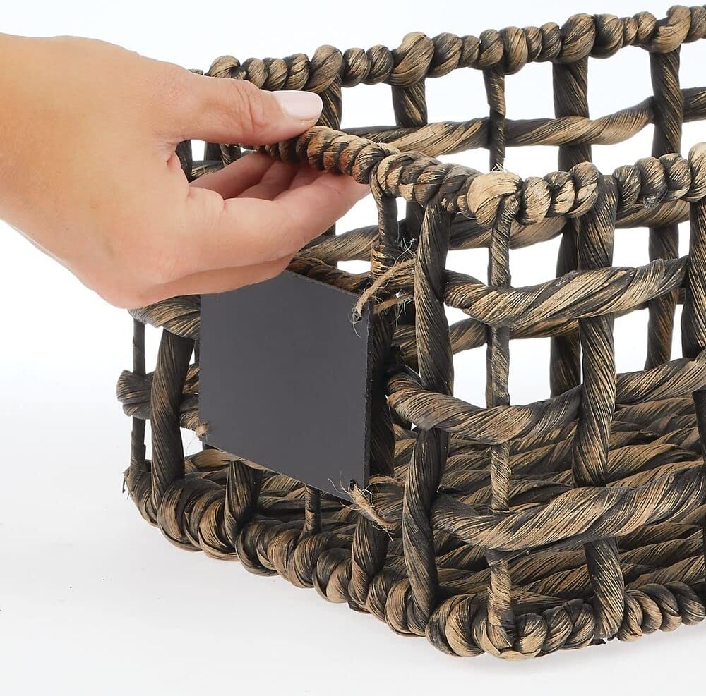 mDesign Water Hyacinth Open Weave Household Basket with Built-in Chalkboard Label for Storage in Bedroom, Office - Hold Clothes, Blankets, Linens, Accessories - 6 Pack - Black Wash