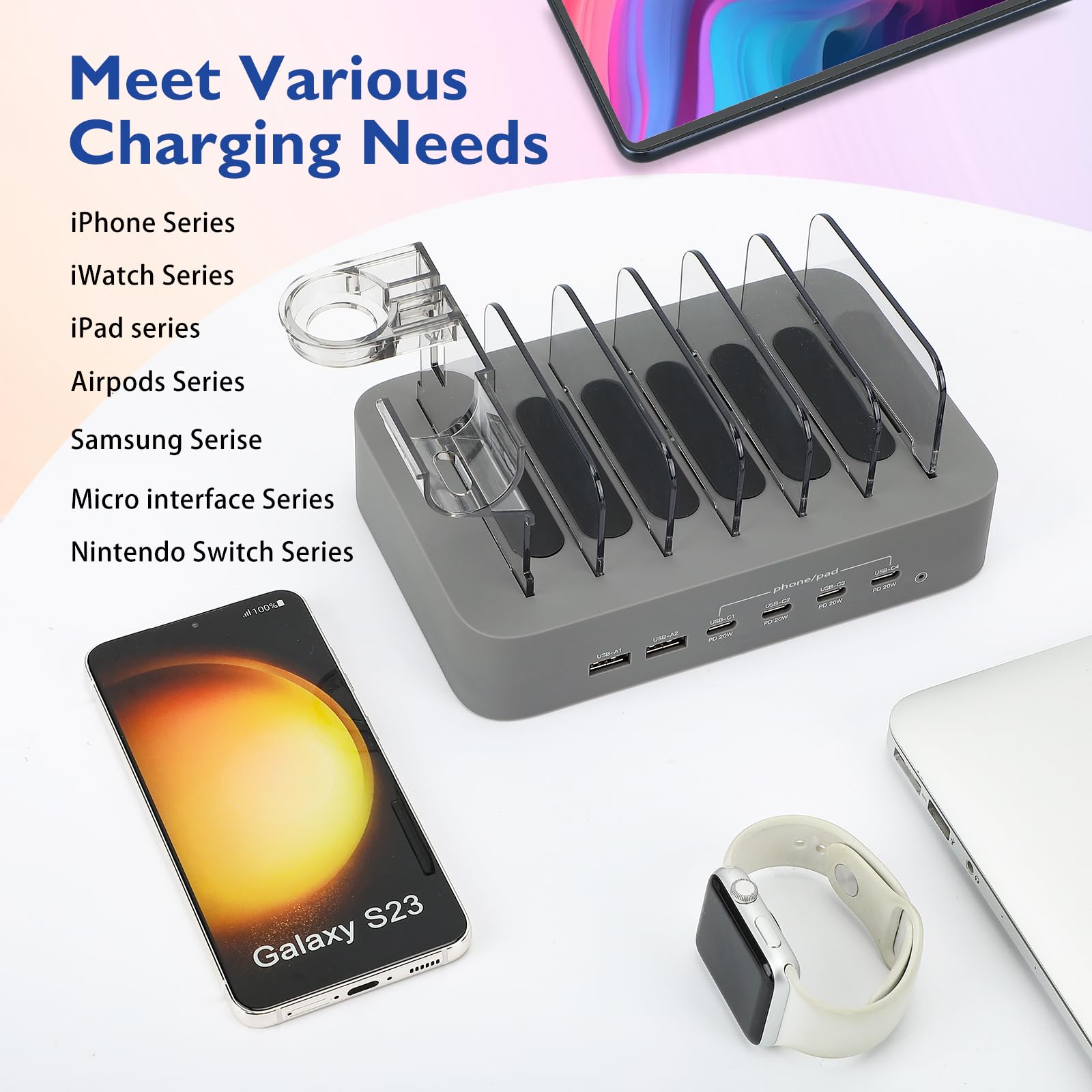 Stazione di ricarica USB C per dispositivi Apple, 100 W 4 PD e 2 USB caricabatterie famiglia per più dispositivi Apple iPad, iPhone 15/14/13/12/11 iPad e Android Phone e tablet, stazione