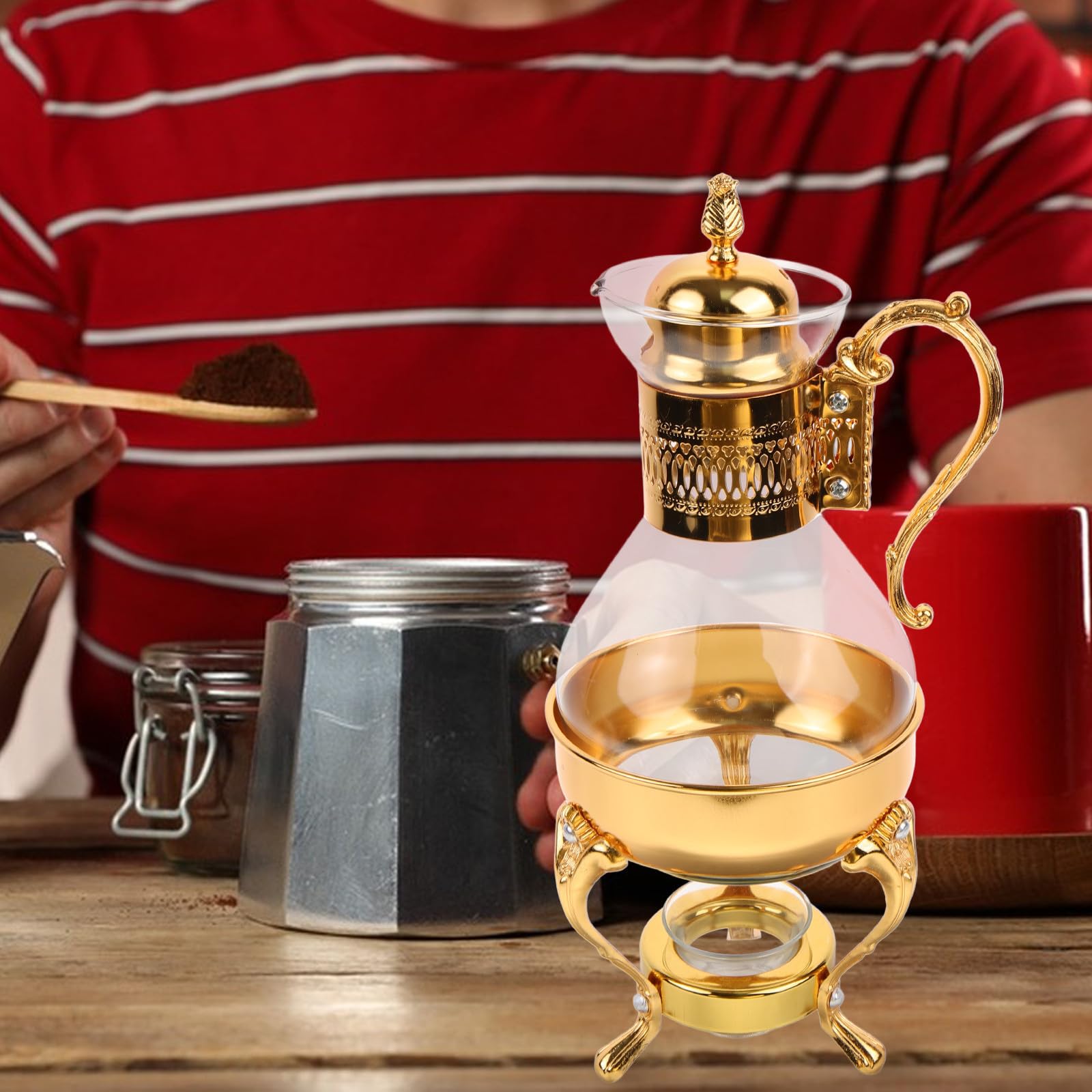 CLISPEED Arabische Teekanne aus Glas Kaffee Servierset mit Tassen und Tablett aus Glas und Aluminiumlegierung Goldfarben Beheizbar für Zuhause und Hotel Vintage Stil